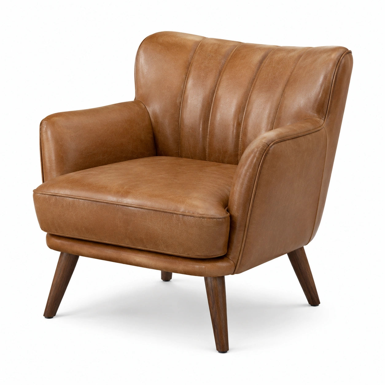 Fauteuil en cuir brun avec pieds en bois
