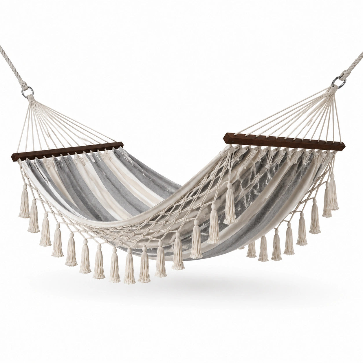 Hamac en Coton Rayé Beige et Gris 200x150 cm