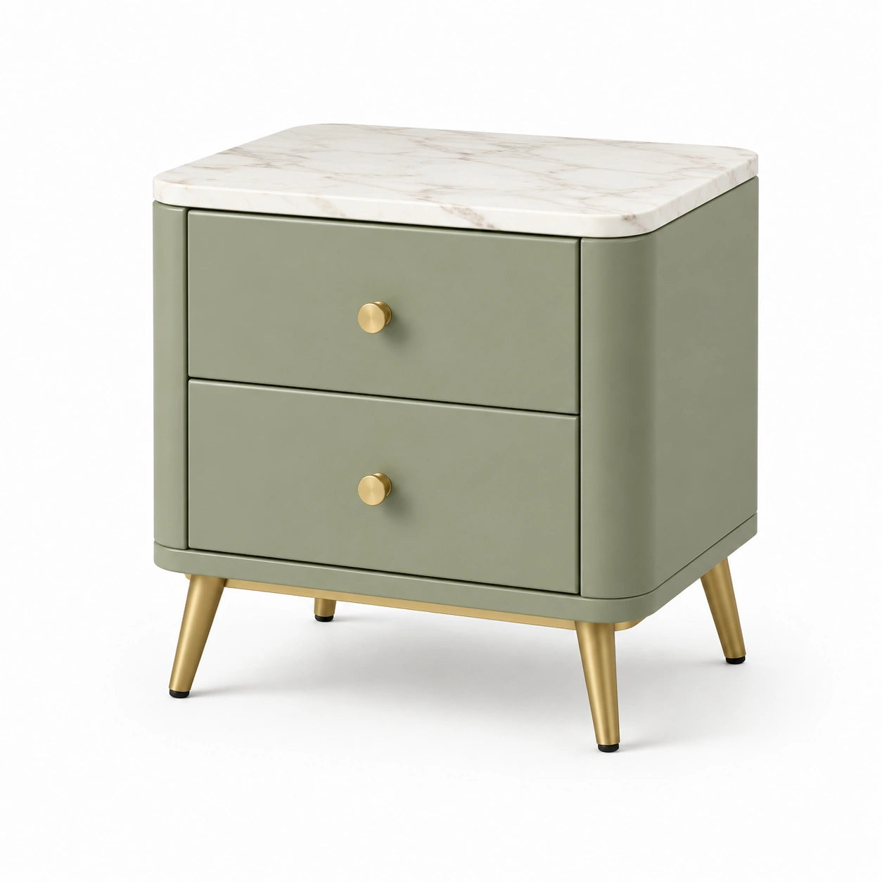 Table de chevet en bois avec marbre synthétique vert et deux tiroirs 50x40x55cm