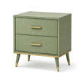 Table de chevet en bois vert avec poignées en métal et 2 tiroirs