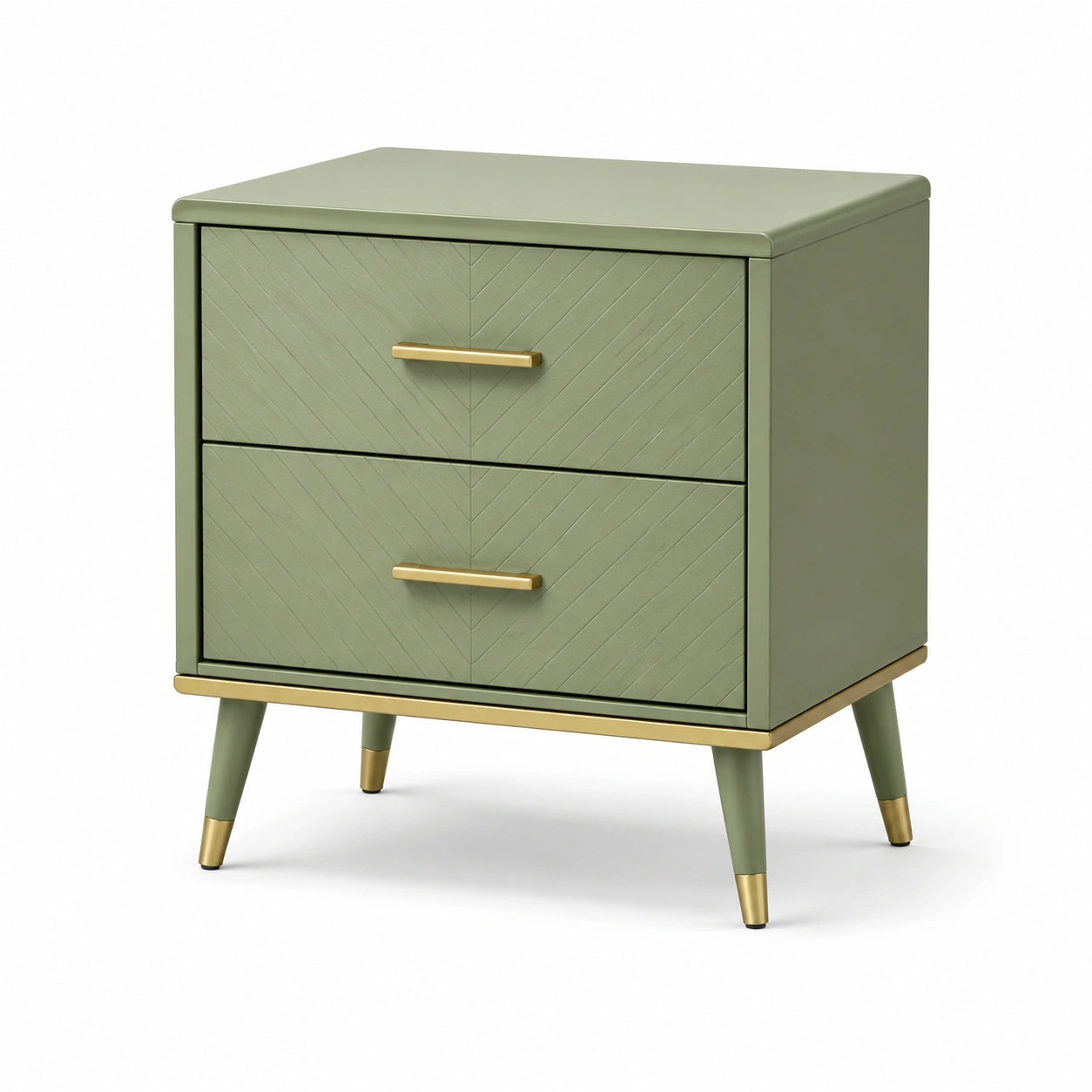 Table de chevet en bois vert avec poignées en métal et 2 tiroirs