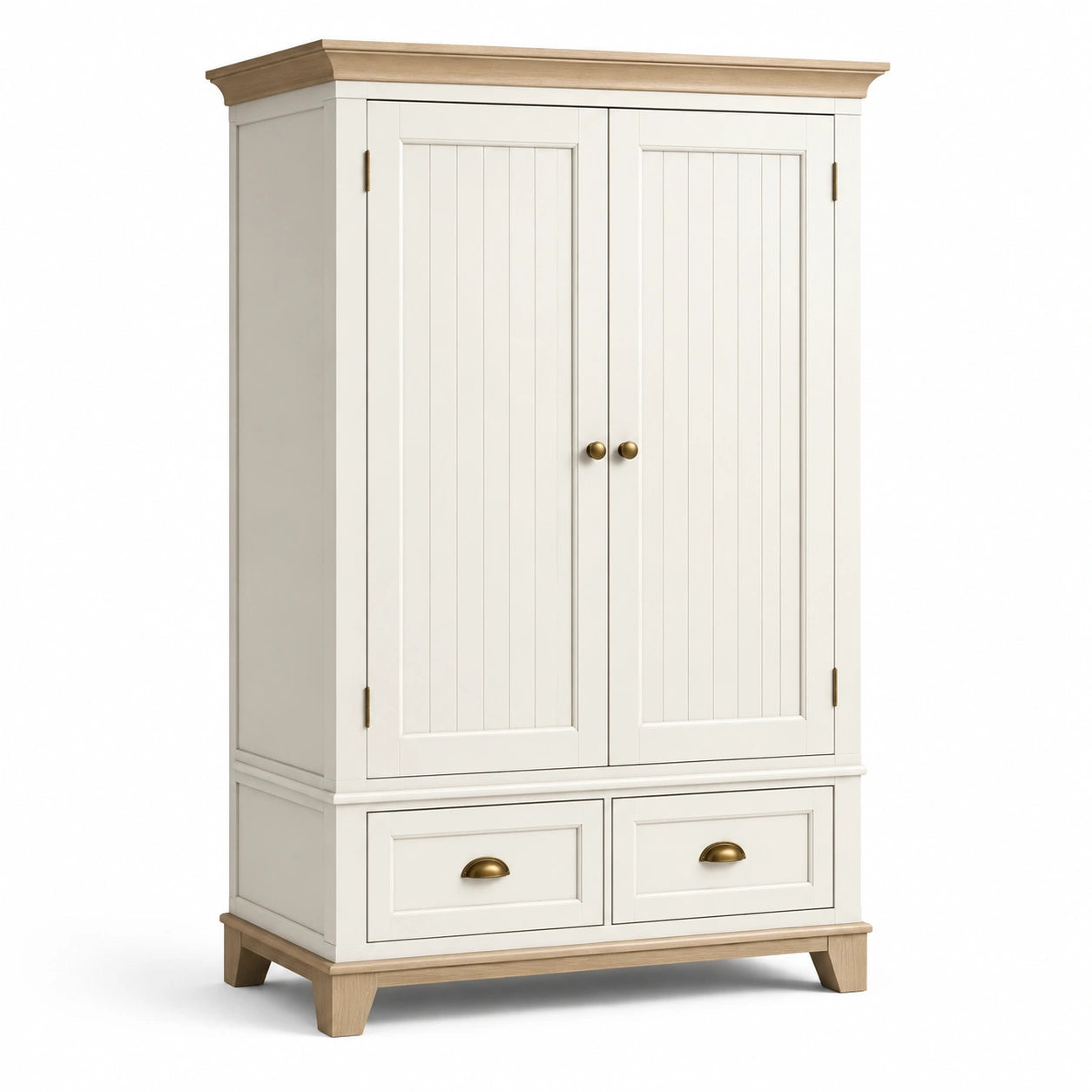 Armoire en bois à deux portes et tiroirs avec poignées en laiton