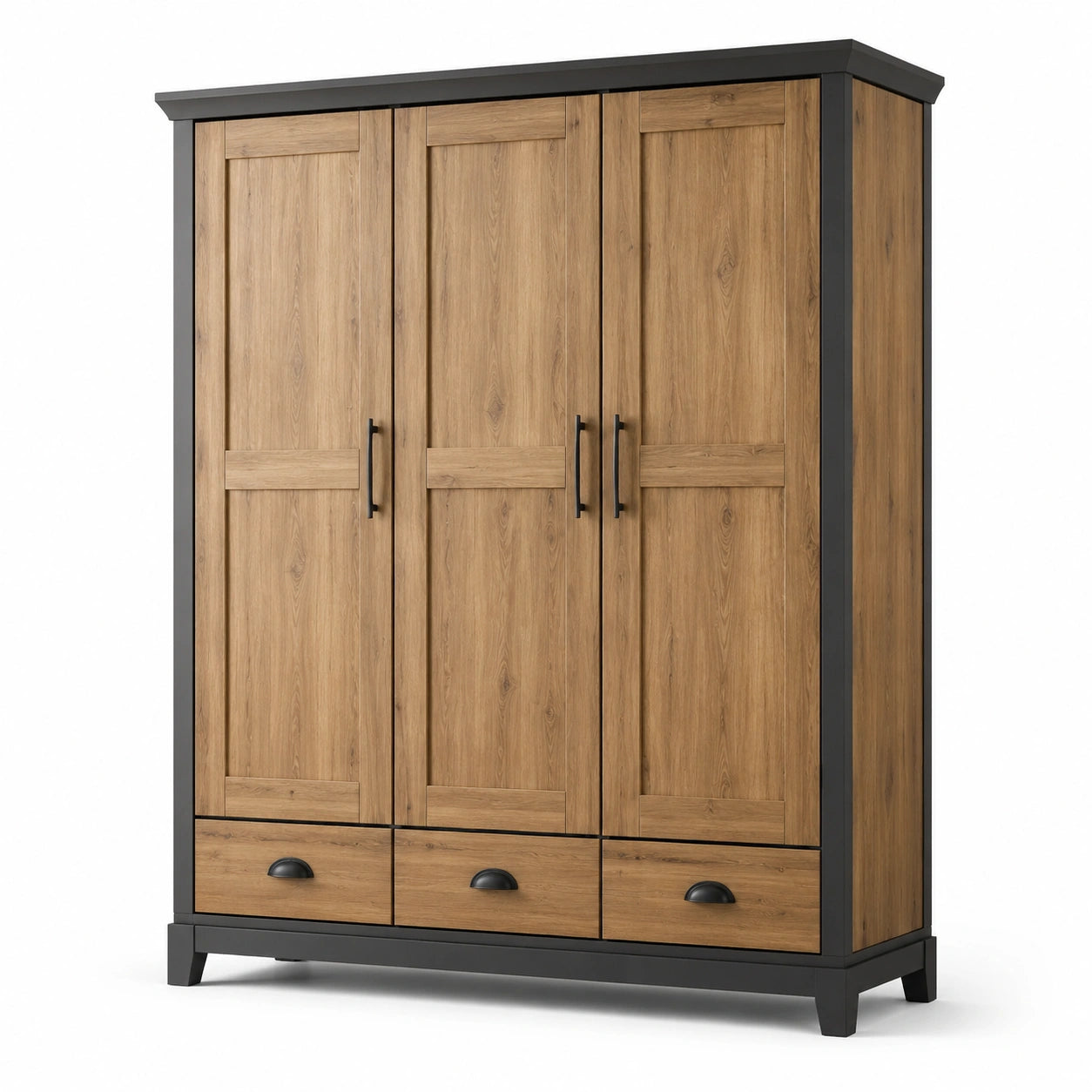 Armoire en bois MDF et métal 3 portes chêne et noir