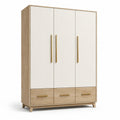 Armoire en bois avec 3 portes et tiroirs chêne clair et blanc crème