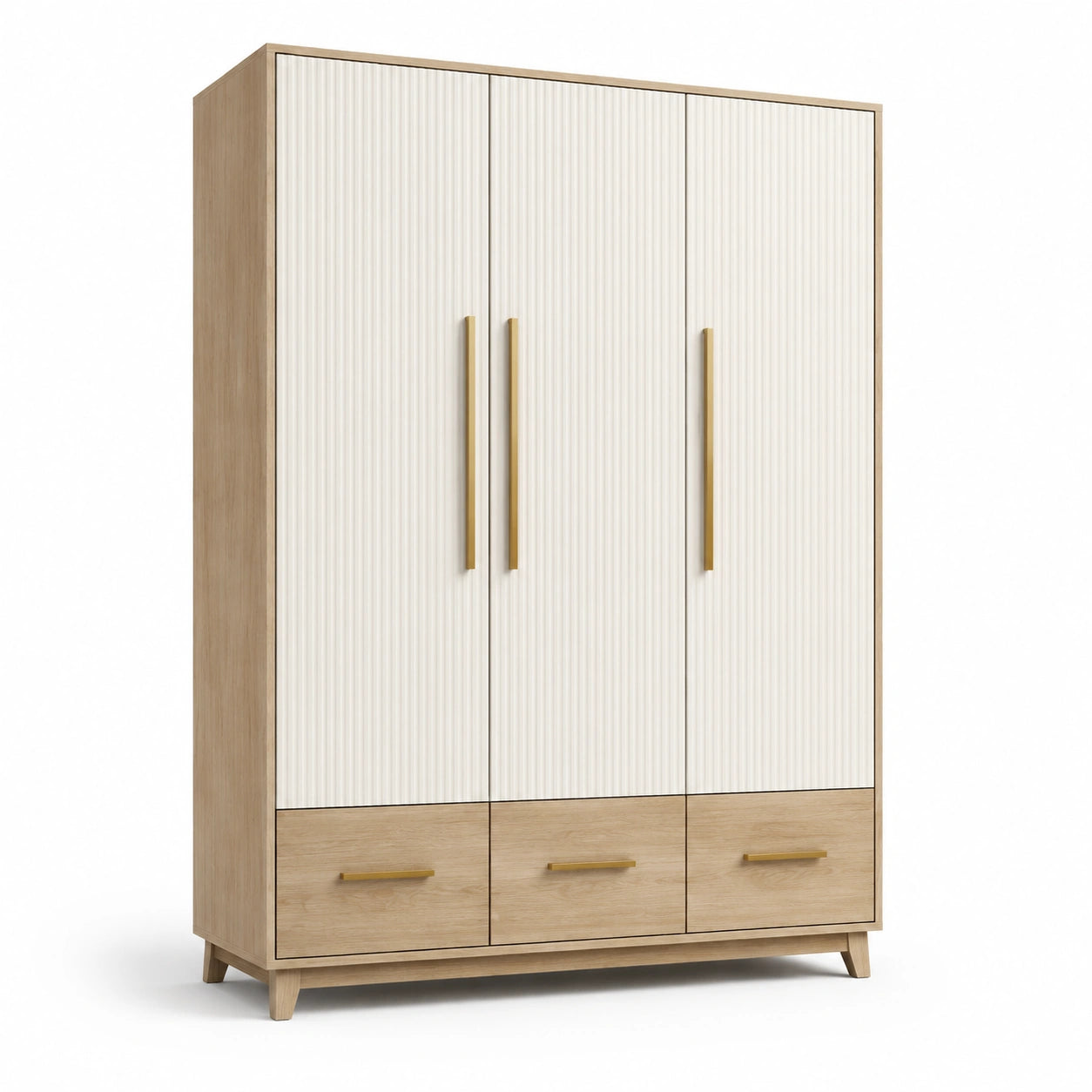 Armoire en bois avec 3 portes et tiroirs chêne clair et blanc crème