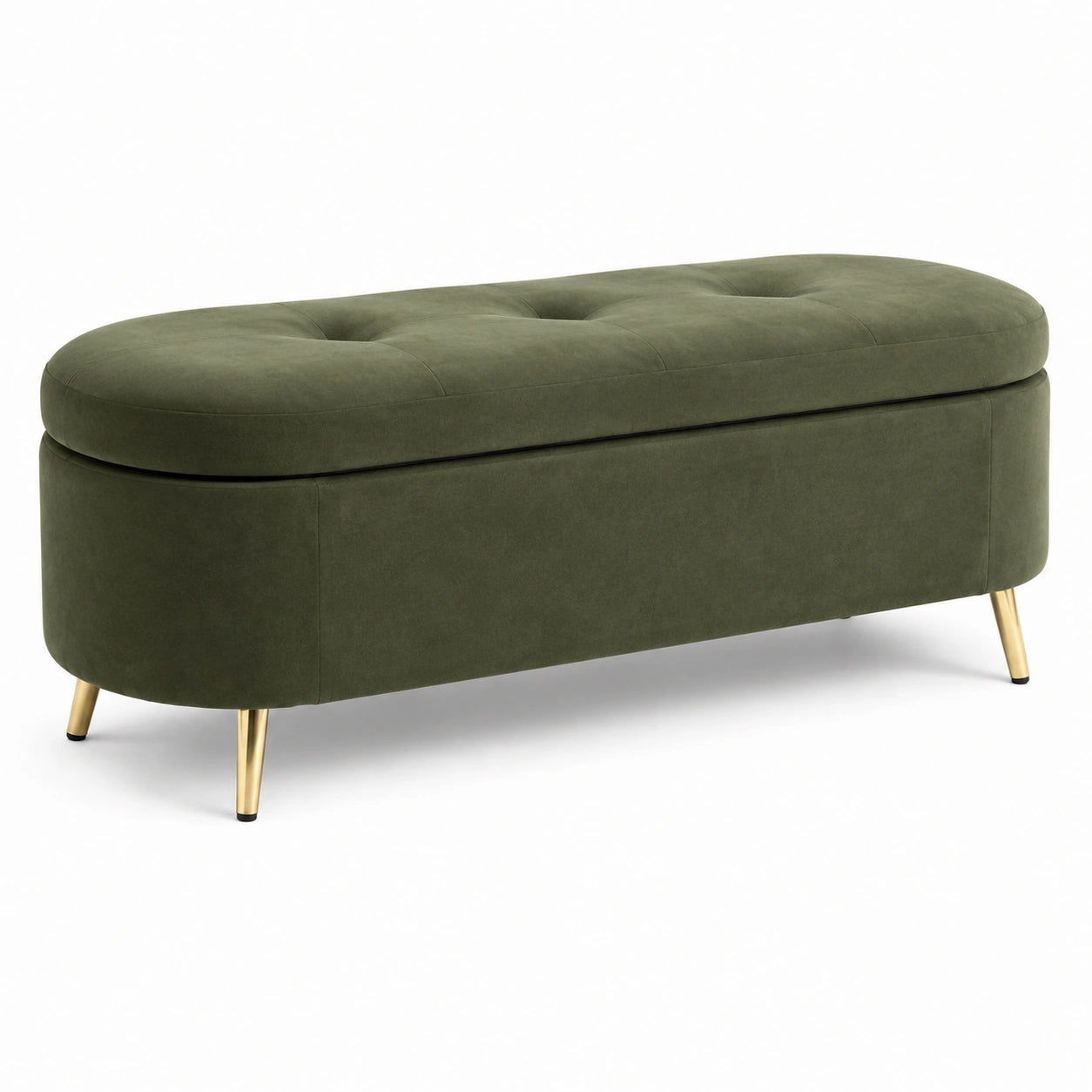 Banc de rangement en velours vert avec pieds métalliques dorés