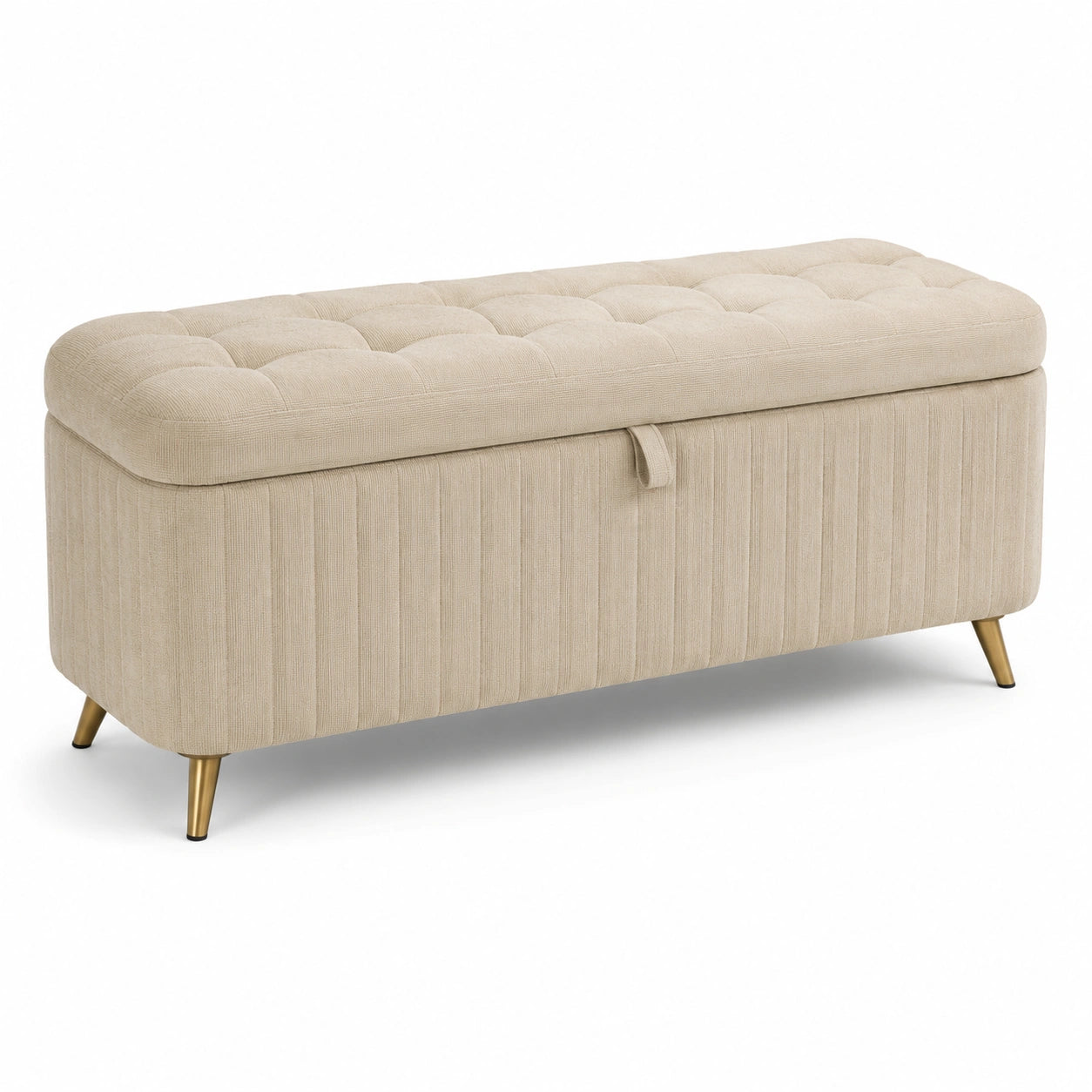 Banquette de rangement en bois avec tissu beige et pieds en métal doré