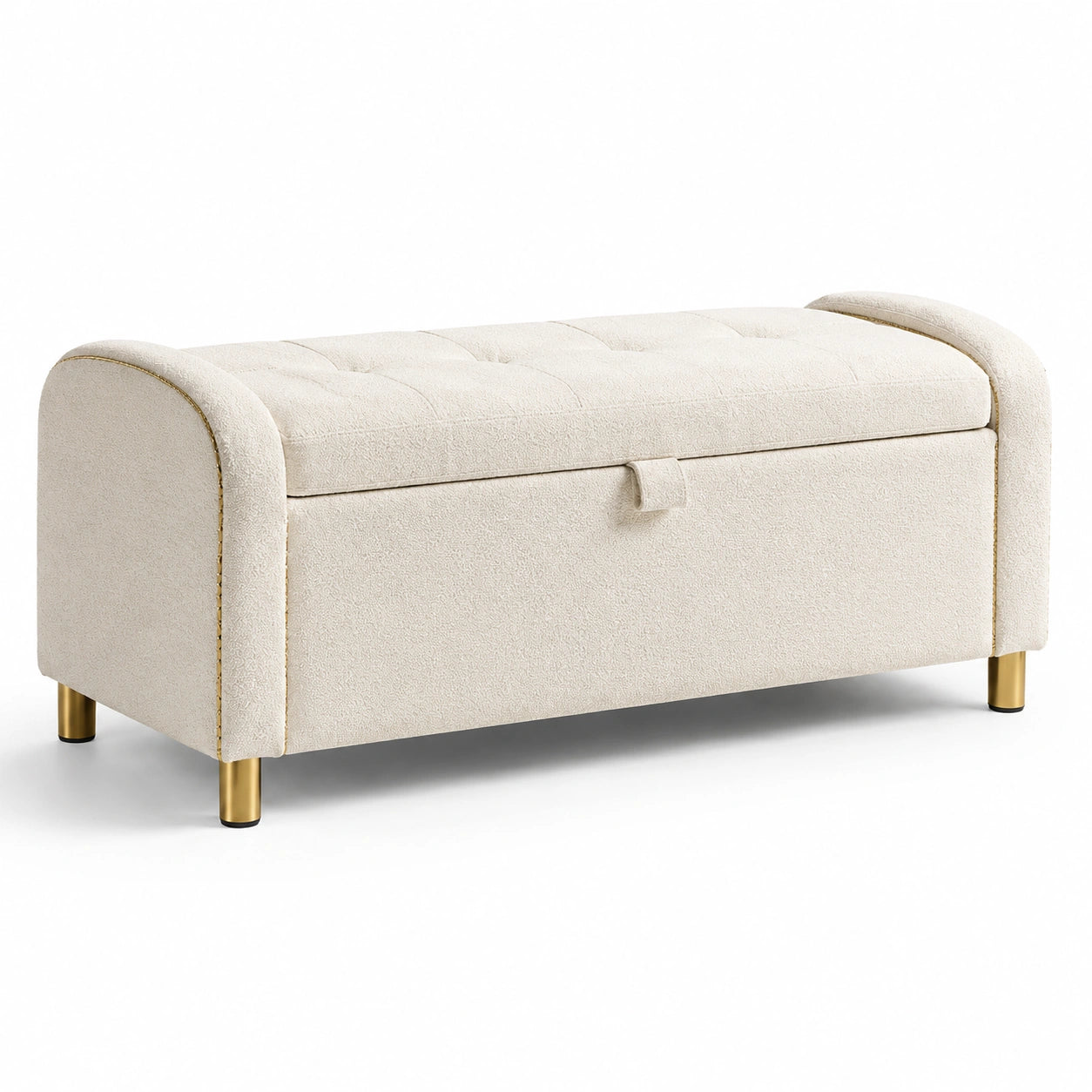Banc de rangement en tissu polyester beige avec pieds en métal doré