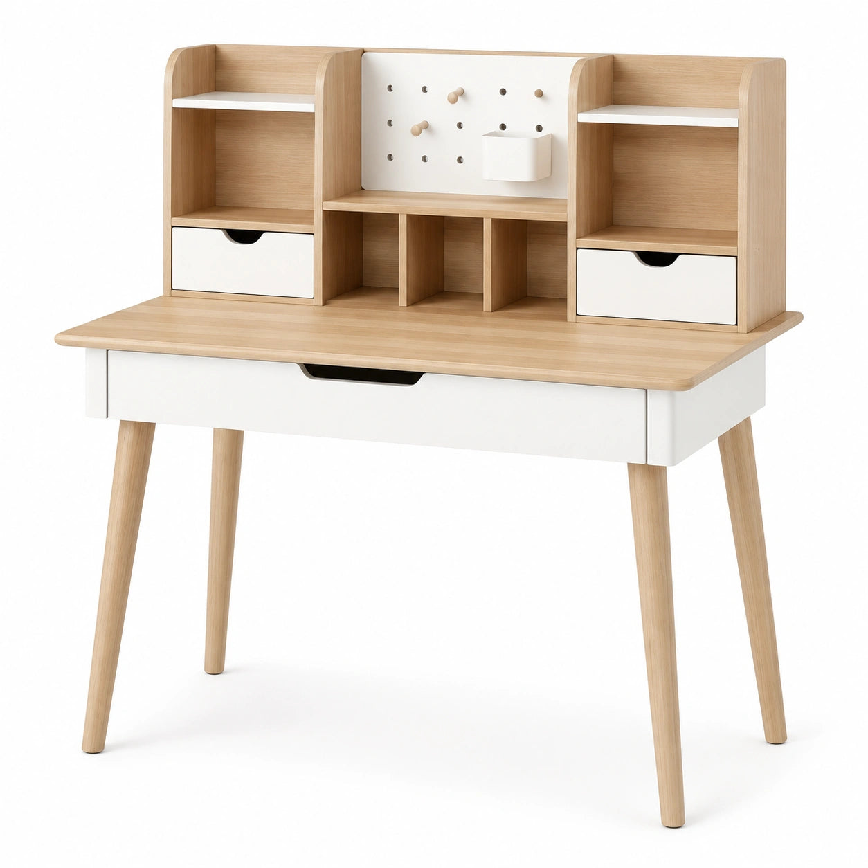 Bureau en bois hêtre et blanc avec étagères et tiroirs