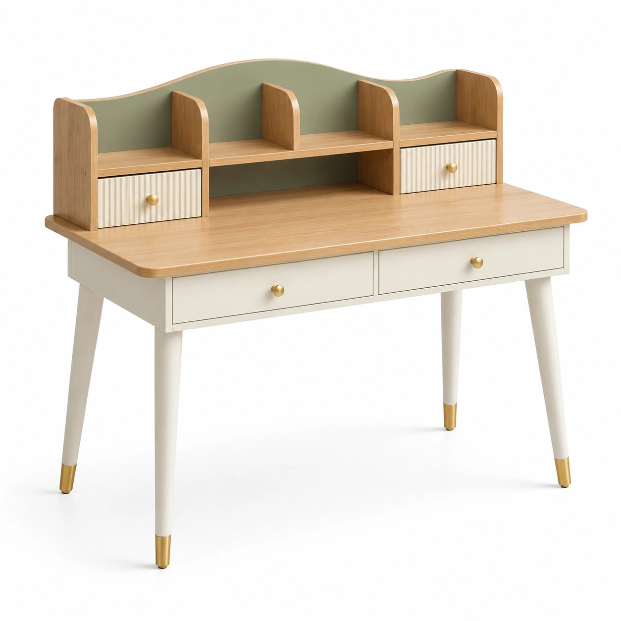 Bureau en bois avec étagères et tiroirs en MDF beige et vert clair 120x60x100cm