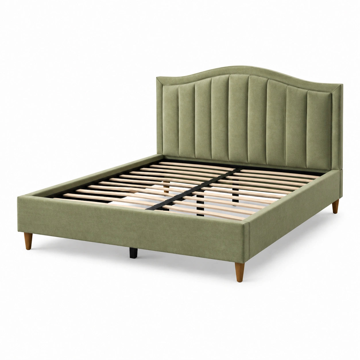 Cadre de lit en bois et tissu vert avec tête de lit