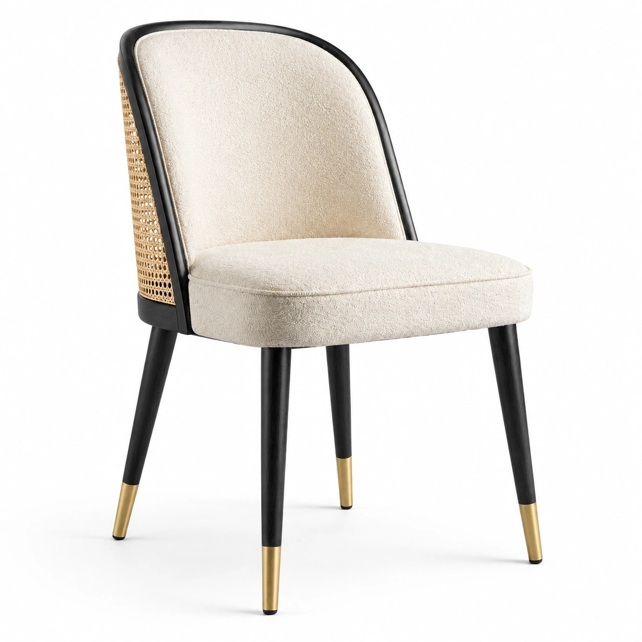 Chaise en bois avec dossier en rotin et revêtement en polyester beige