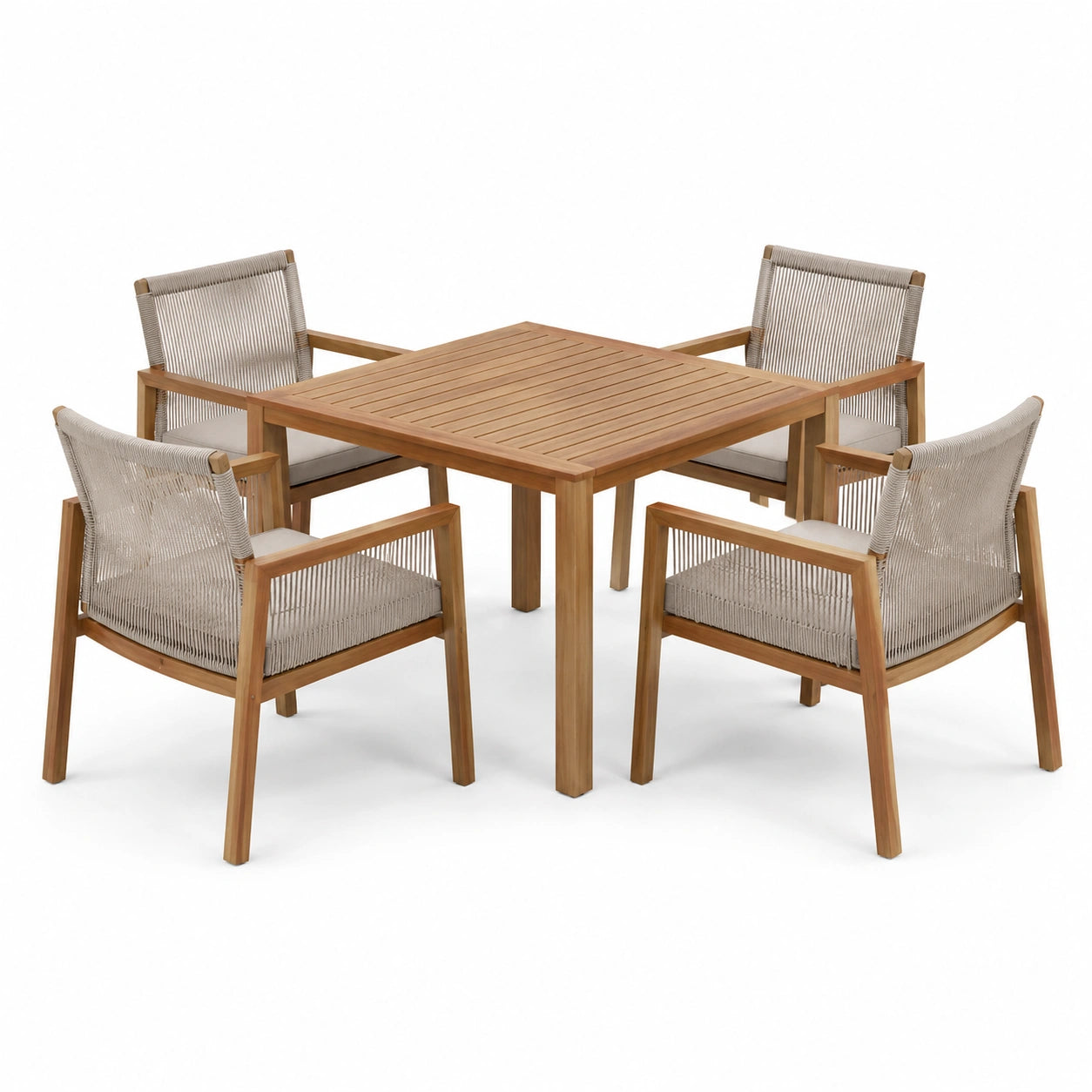 Ensemble de salle à manger d'extérieur en bois d'acacia et corde beige pour 4 personnes