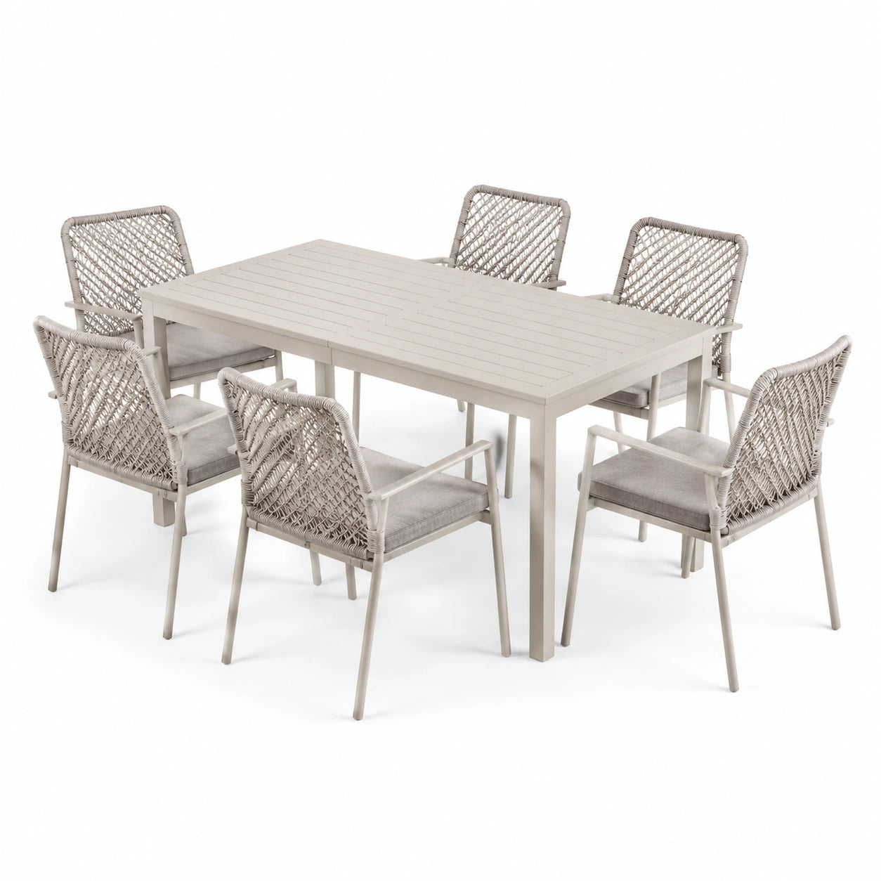Ensemble de salle à manger d'extérieur en aluminium avec 6 chaises en corde tressée