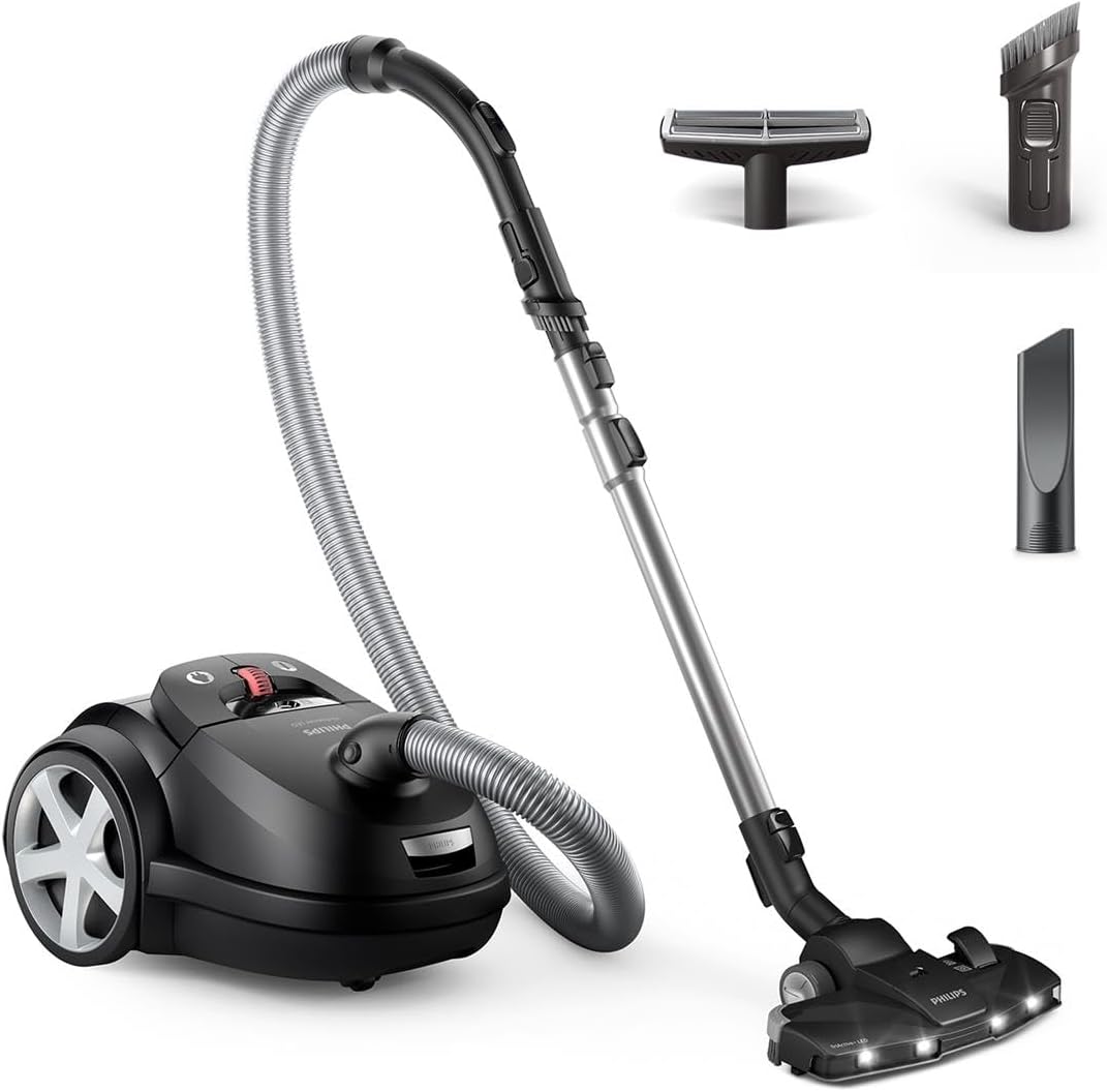 PHILIPS Aspirateurs traîneaux, 900 W, 4 L, 12 m, Noir, Aspirateur avec Sac 8000 Performer, Suceur TriActive+LED