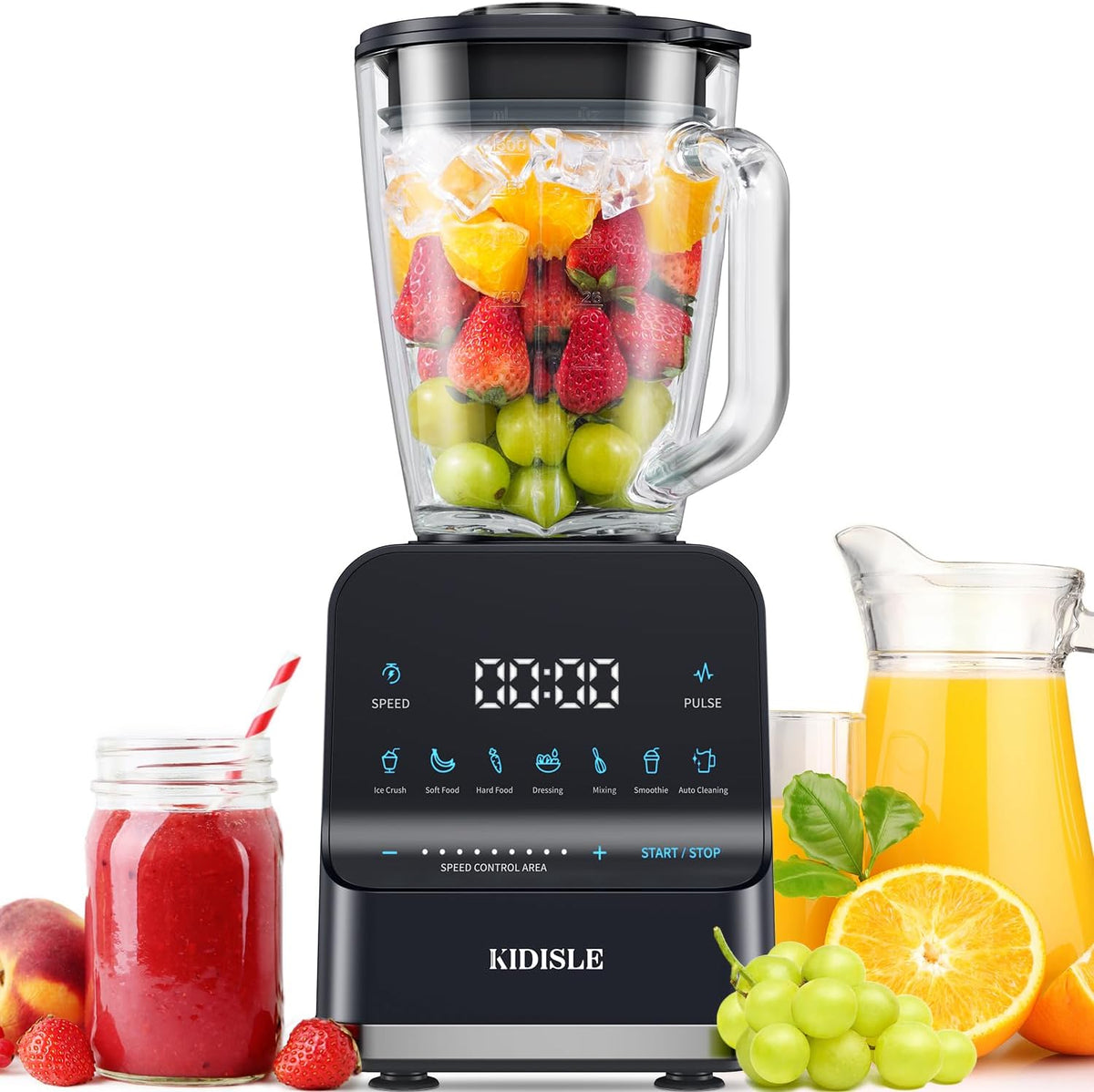 KIDISLE blender, 1200 W, Noir, professionnel de smoothie de pour smoothies, pot en verre de 50 onces, glace écrasée