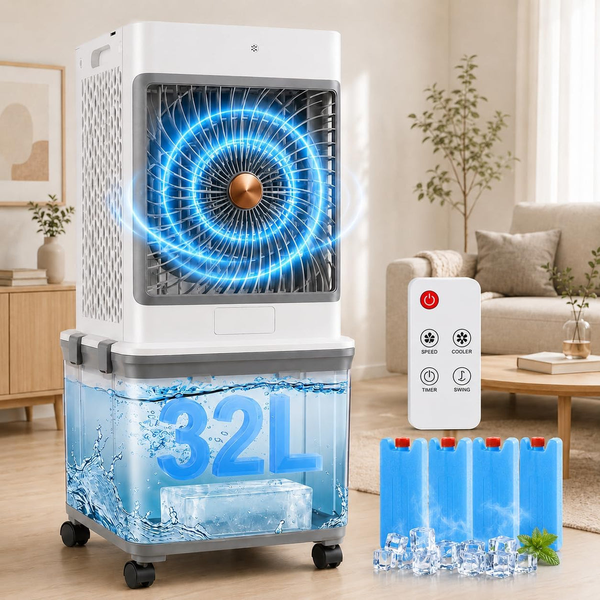 climatiseur portable Rosnek, 32 L, Blanc, Climatiseur Mobile sans Évacuation, 4-en-1 Rafraîchisseur d'Air avec Télécommande