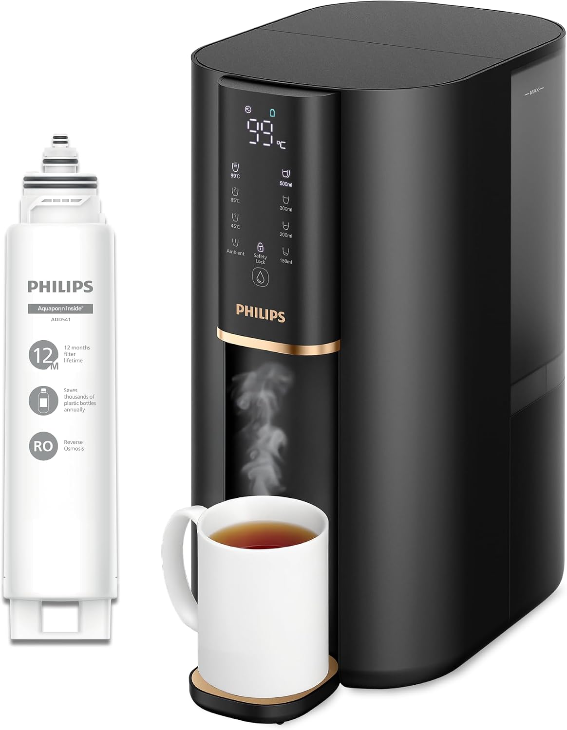 PHILIPS Purificateurs d'eau, 2000 L, Noir, RO 6-en-1 préservant les minéraux, >110 contaminants réduits, ratio 3:1
