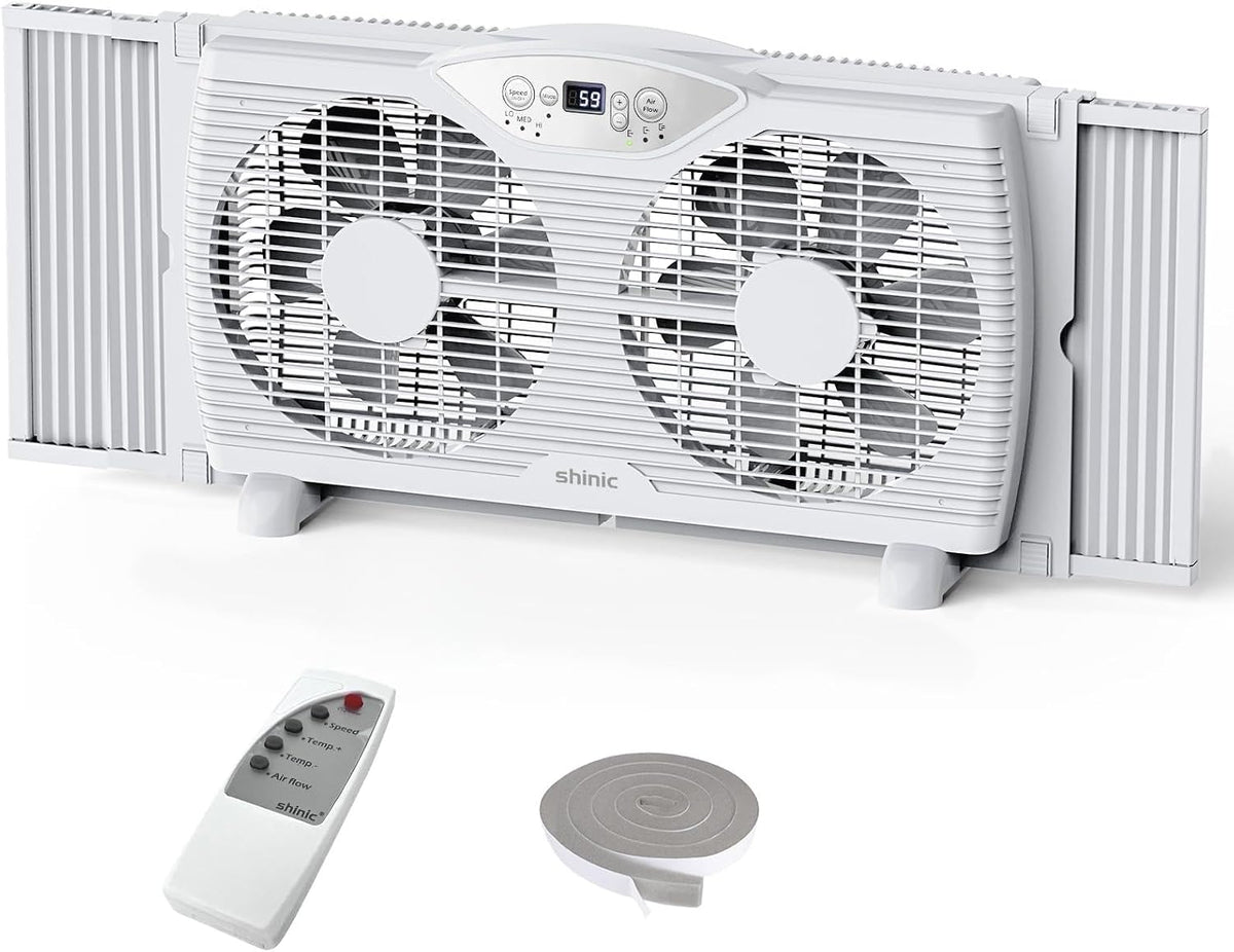 shinic Ventilateurs de fenêtre, 9 pouces, 37 pouces, Blanc, Ventilateur de fenêtre double avec télécommande