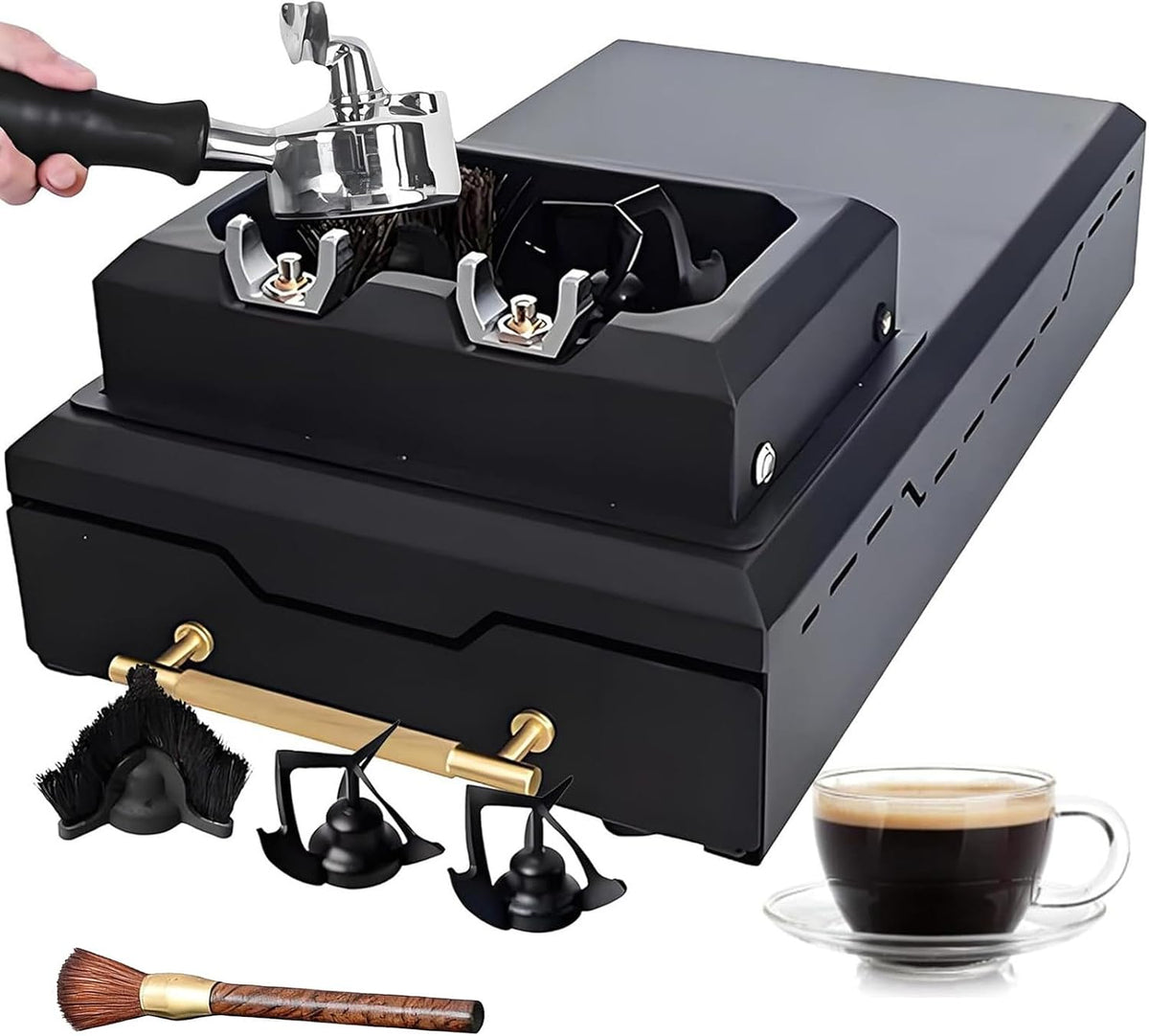 JIADUOFU Boîtes à café, 47,5 x 28 x 18 cm, Environ 20 galettes de café, 150 W, 220 V, 58 mm, Noir, Nettoyeur Automatique Porte-filtres Expresso