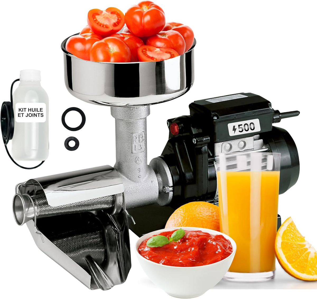 Reber Presse-aliments, 500 W, 340 kg, Argenté, Presse-Tomates Électrique N.5 pour Coulis et Conserves, confitures et jus de fruits