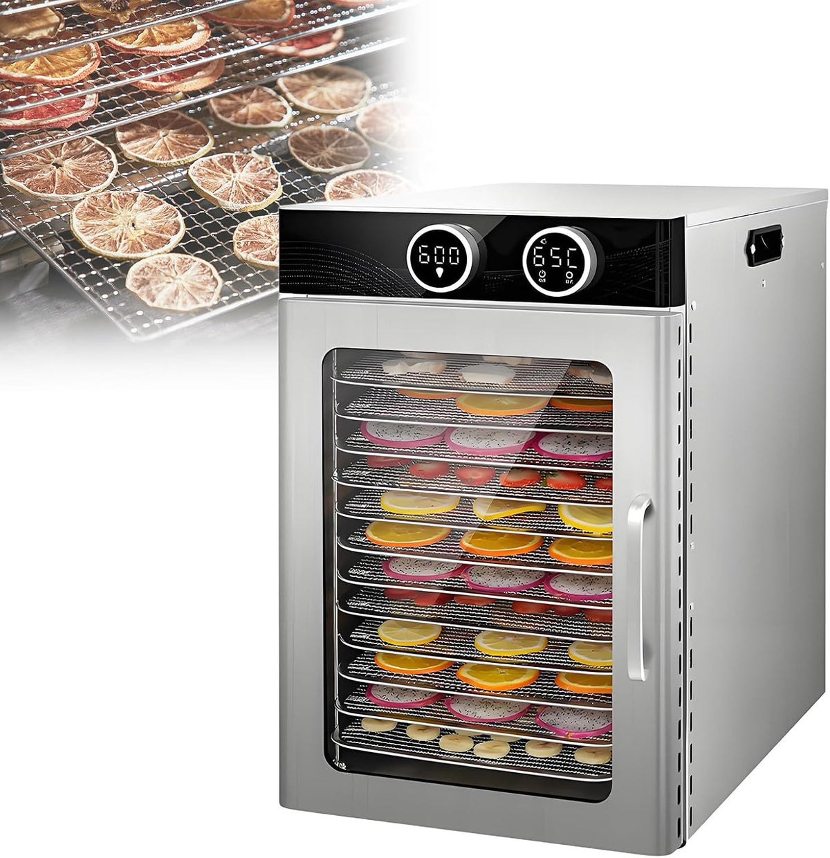 AETEREOS déshydrateur alimentaire, 800 W, 1200 W, Argenté, Professionnel, 6-12 Plateaux, Température Réglable De 30 À 90 °C