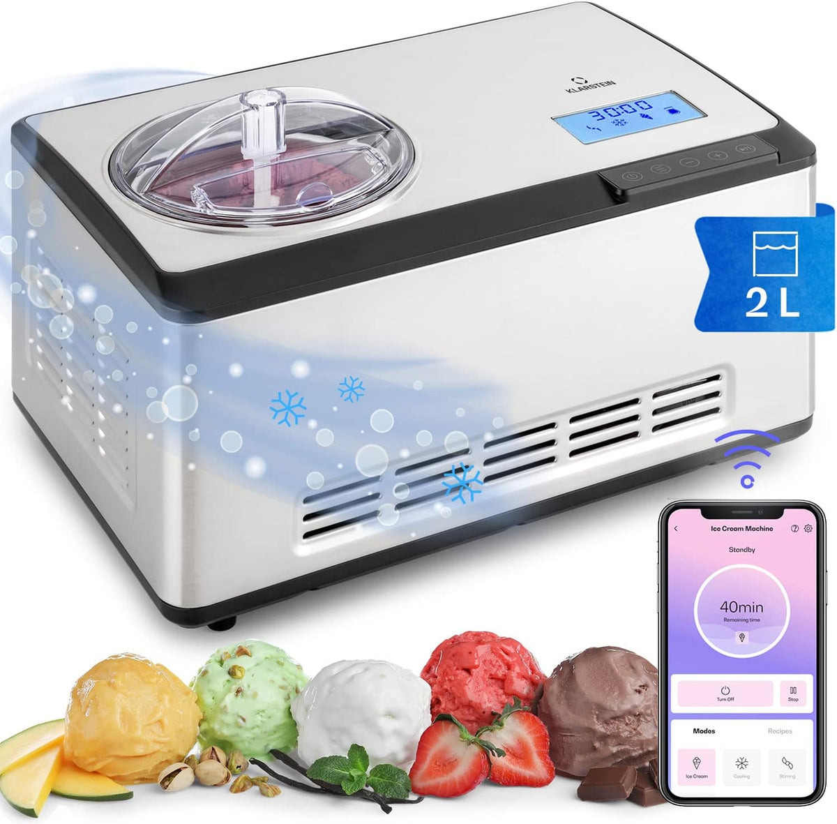 KLARSTEIN sorbetière, 180 W, Noir, Sorbetiere Turbine a Glace, Machine a Glace et Frozen Yoghurt Intelligente