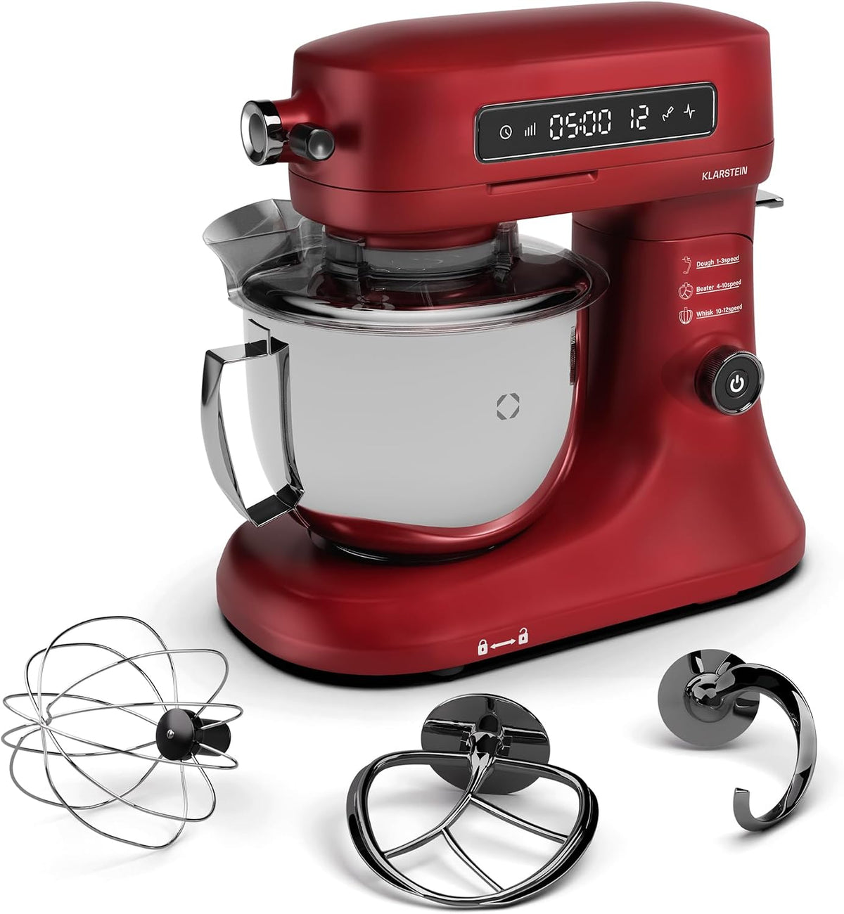 KLARSTEIN robot de cuisine, 29 x 37 x 39 cm (LxHxP), poids : 7 kg., 1600 W, 5 L, 72 dB, Argenté/Rouge, Chiara multifonctions