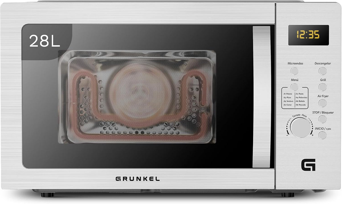 Grunkel Micro-ondes multifonctions, 28 litres, 900 W, 1200 W, 2200 W, Noir/Argenté, micro-ondes, airfryer et four avec 5 niveaux de puissance