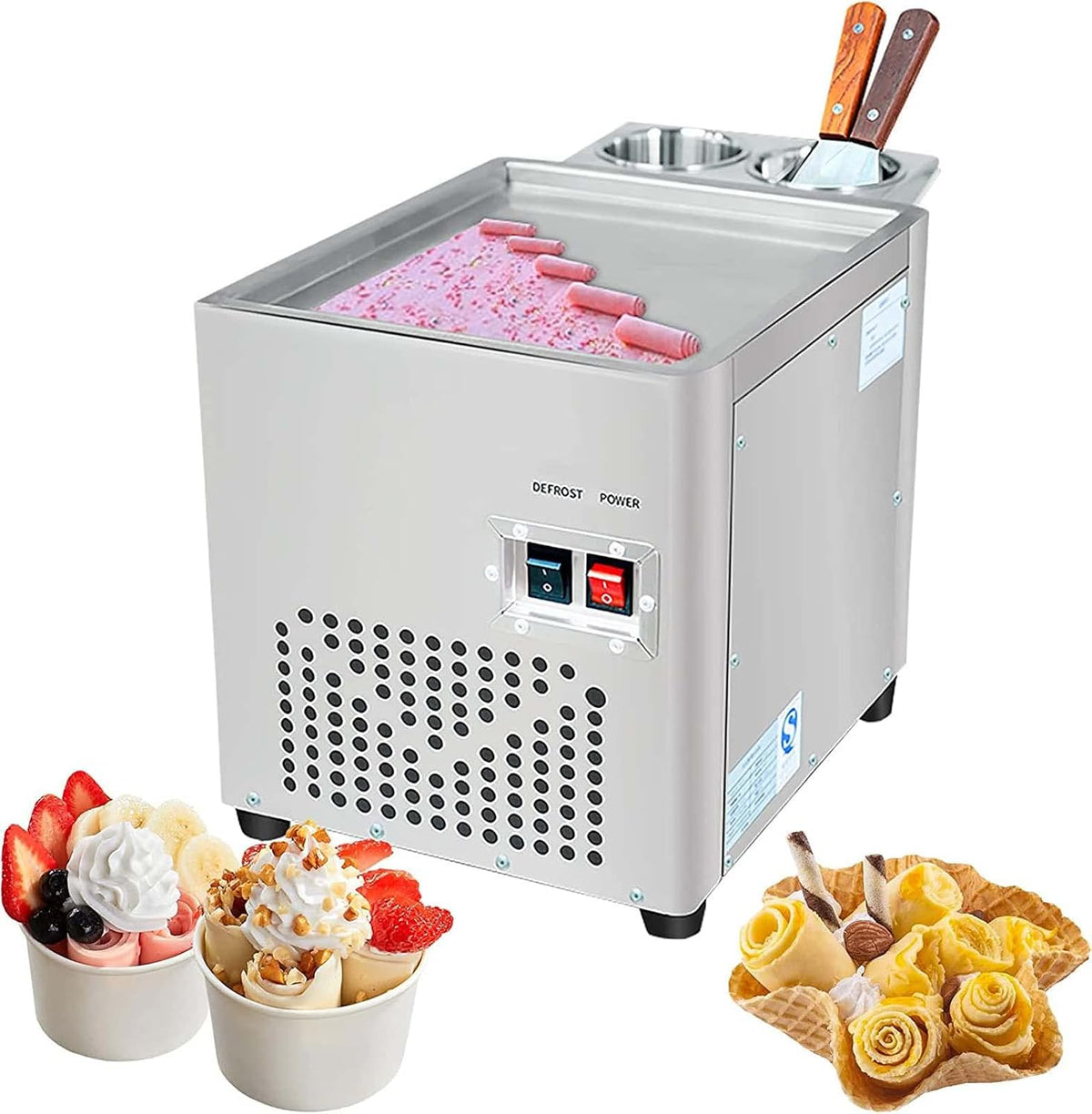 ANGDI sorbetière, 220 W, 220 V, Argenté, Machine à crème glacée roulée Commerciale, Machine à Rouleaux de crème glacée sautée en Acier Inoxydable