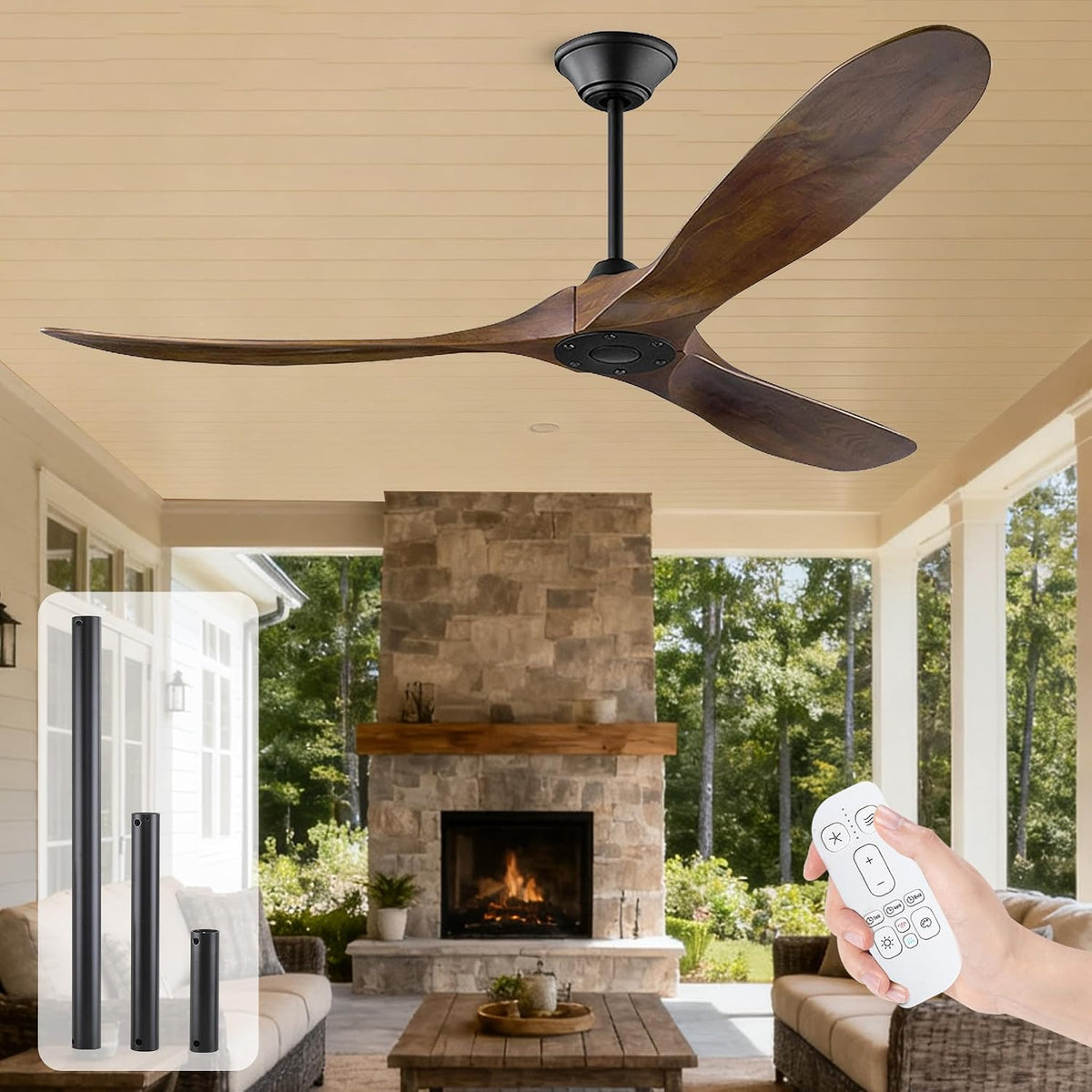 OUENGK Ventilateurs de plafond, 152 cm, Blanc, Ventilateur de Plafond en Bois Sans Lumière - Moteur DC Réversible
