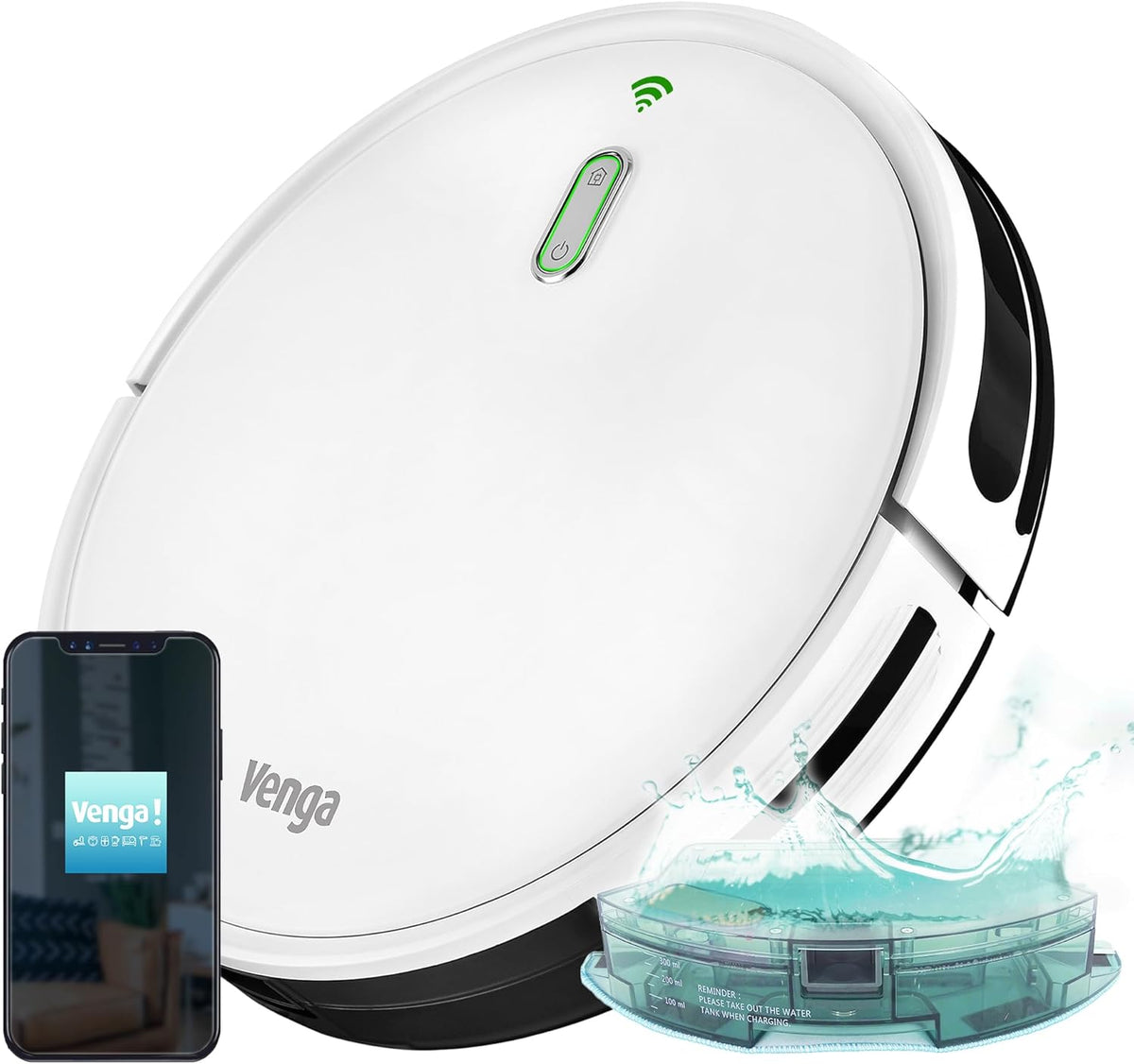 Venga! robot aspirateur, 3001 WH, Blanc, Laveur de sol, Navigation Gyroscope et App