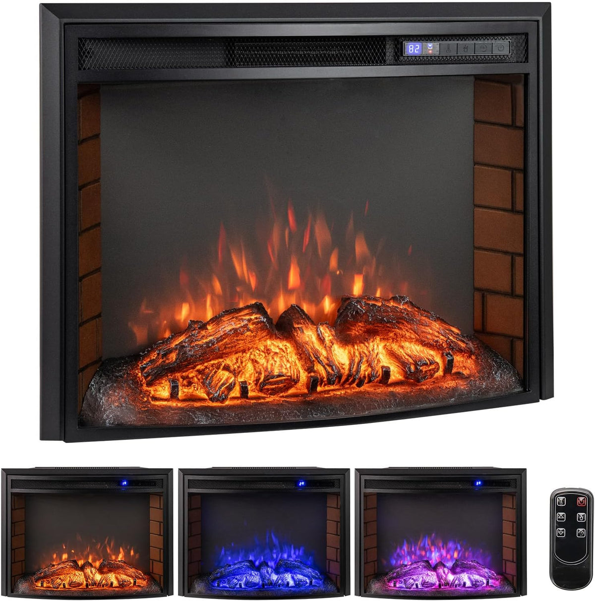 COSTWAY cheminée électrique, 750 W/1500 W, 220 V-240 V, 750 W, 1500 W, Métal, Verre Trempé, Noir, Murale Encastrable Courbé