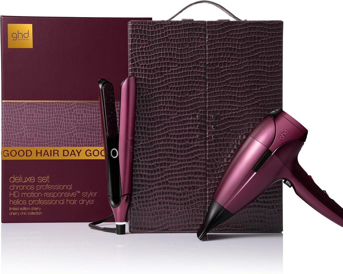 Droite Sèche-cheveux, Noir, ghd - Coffret Deluxe, Lisseur Chronos & Helios (Bordeaux) avec vanity inclus. Lisseur ghd