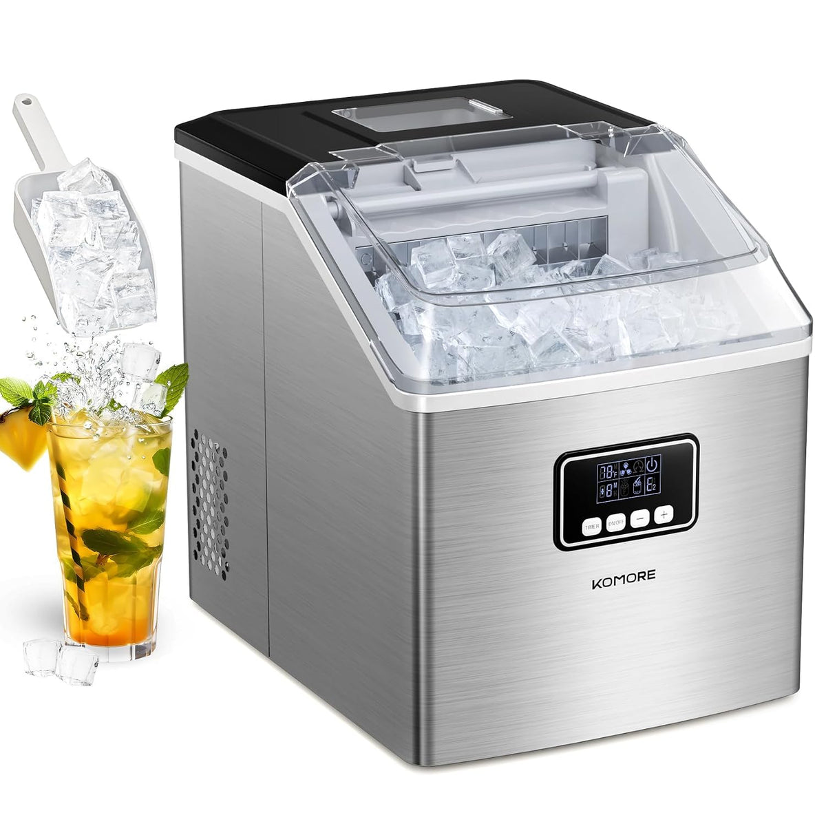 KOMORE machine à glaçons, 20 kg, Argenté, en acier inoxydable /jour, 24 pièces prêtes en 13 minutes, autonettoyante avec pelle à glace et panier