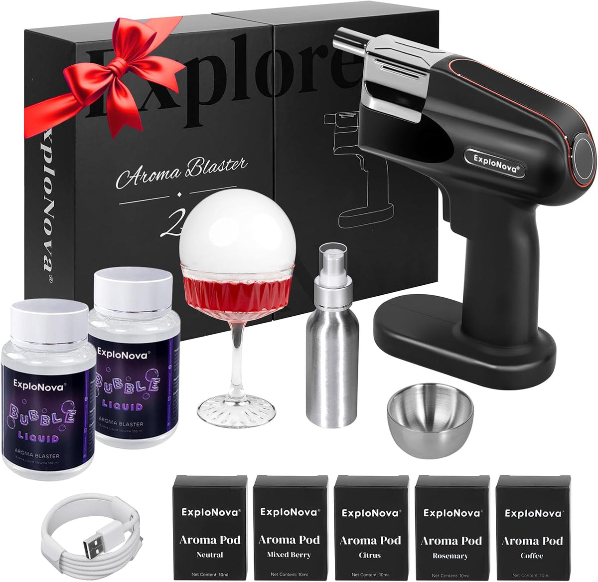 ExploNova fumoir, Marron, Kit de pour Whisky à Bulles, 5 Capsules D'arômes et Bulles Comestibles, pour Bar