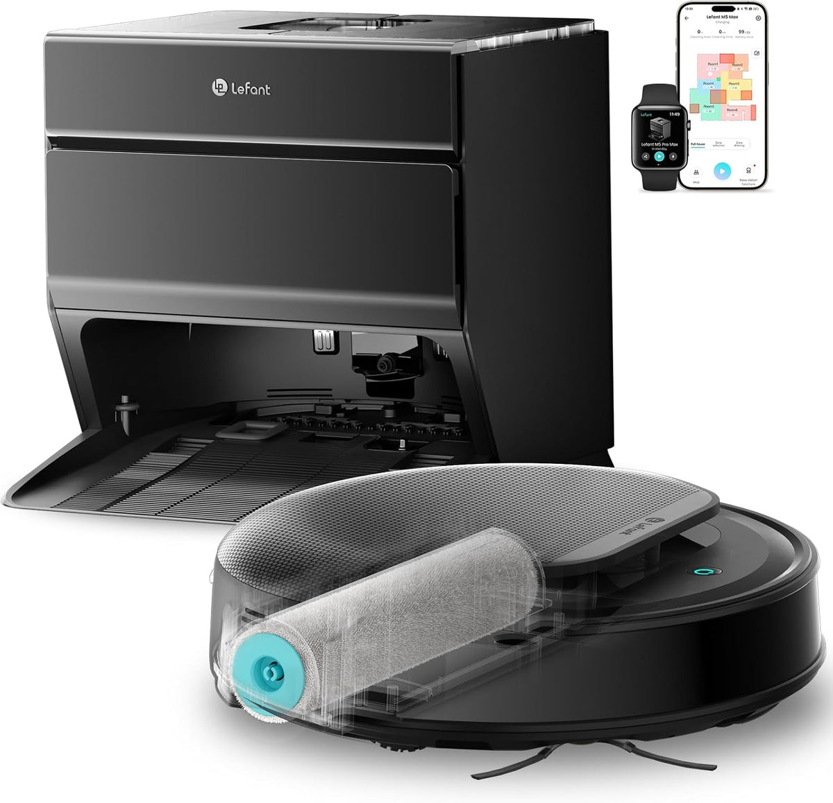 Lefant robot aspirateur, Noir, M5 Max avec Fonction de Nettoyage, Puissance d'aspiration de 23 000 Pa, Navigation dToF LiDAR
