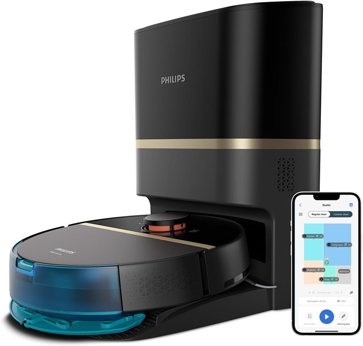 PHILIPS robot aspirateur, 185 m, 3 L, Noir, Laveur connecté Homerun 7000, Station de vidage, Sac (30J), autonomie 180mins