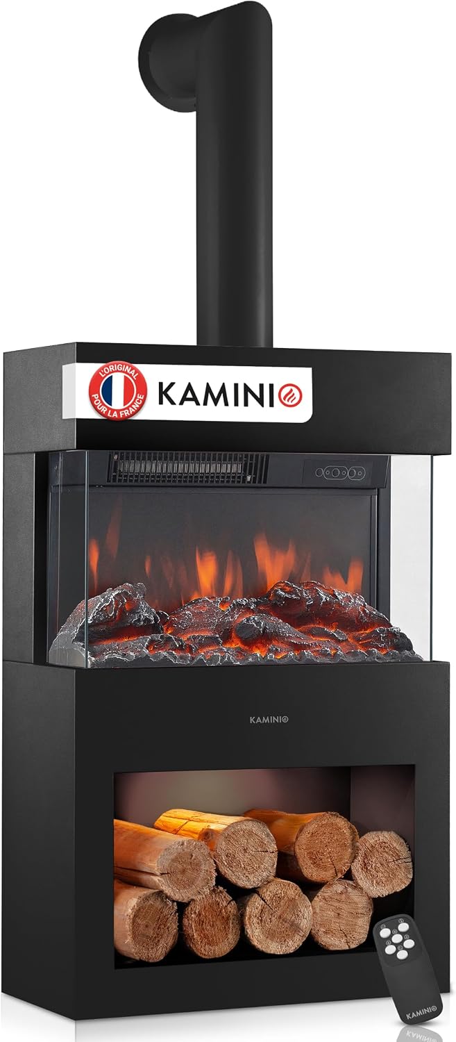 KAMINIO cheminée électrique, Noir, ® Henri avec Chauffage & Tuyau de poêle, Cheminée décorative sur pied avec effet de flamme