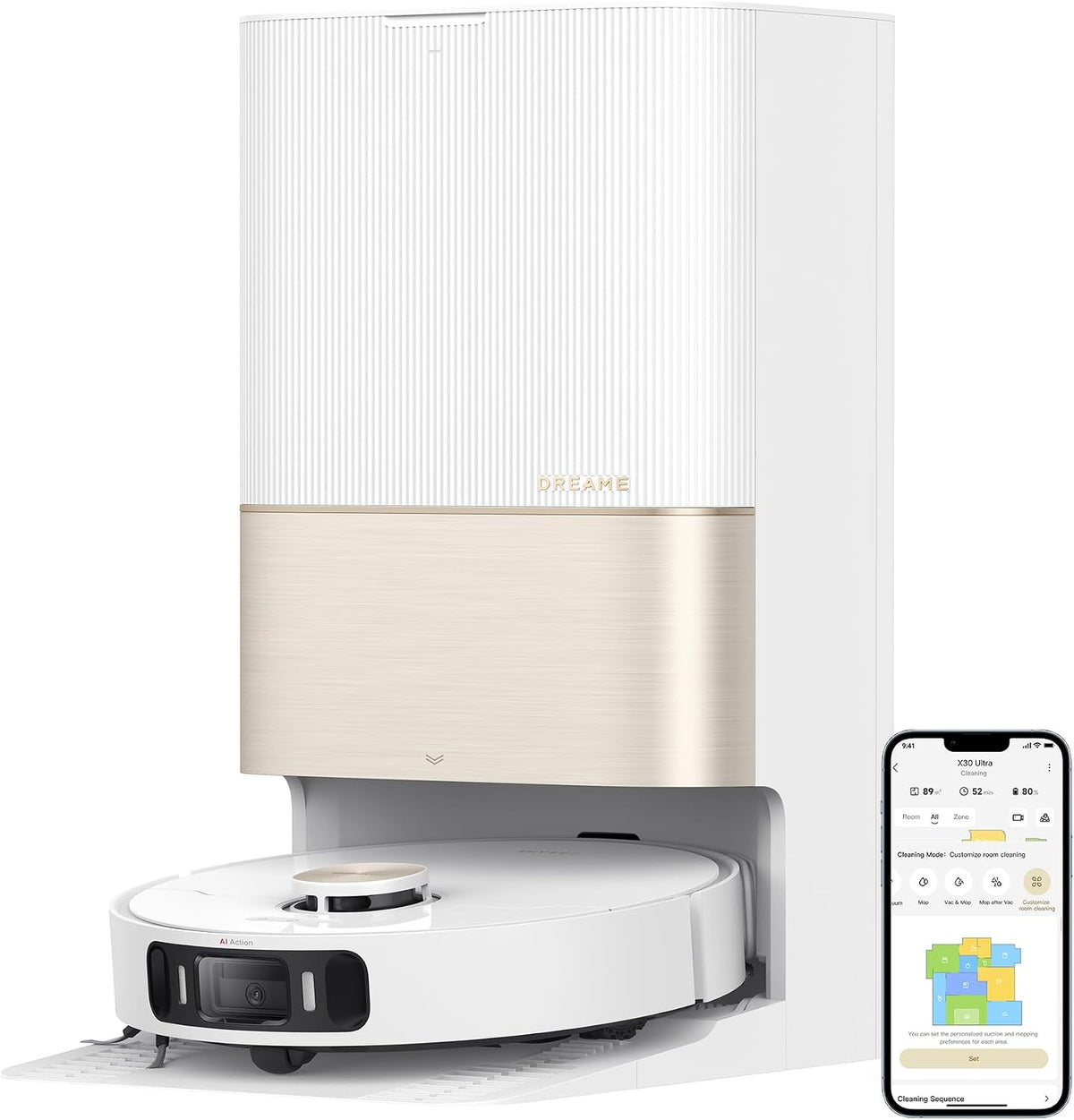 dreame robot aspirateur, Noir, X30 Ultra Laveur Combo avec Omni-Station de Auto-Nettoyage, Serpillière Amovible et relevable