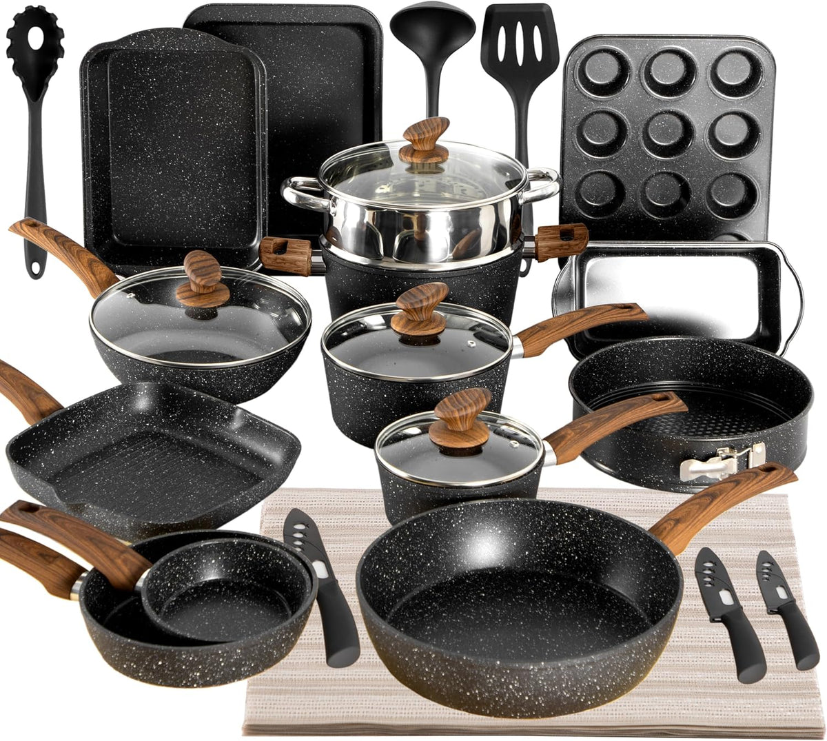 Kitchen Academy batterie de cuisine, Noir, Ensemble de 30 pièces Casseroles et Poêles