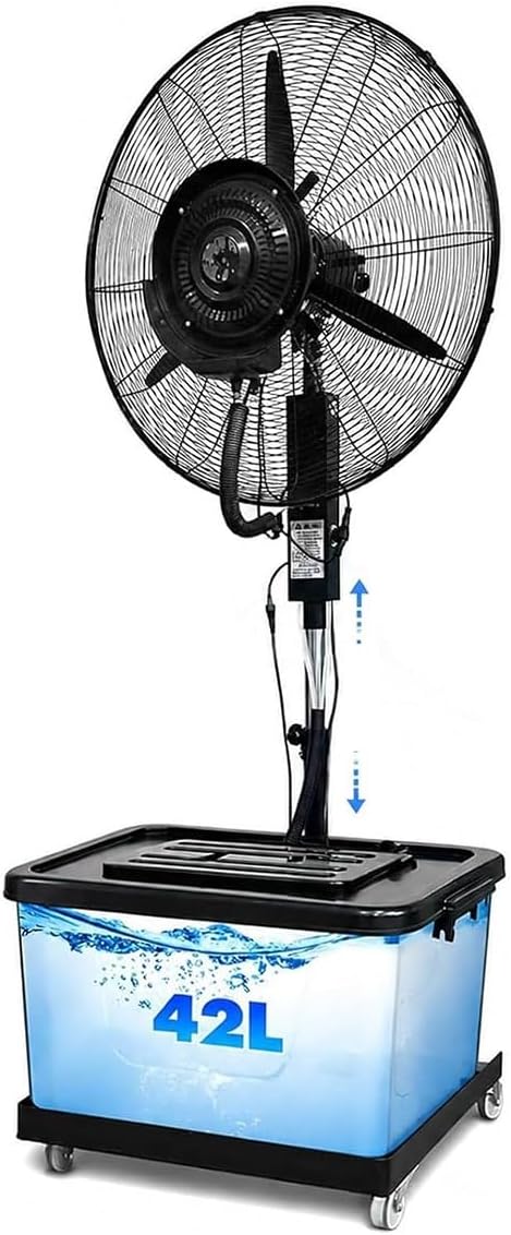 Brumisateur Ventilateurs sur pied, 42 L, 75 cm, Blanc, De Terrasse Extérieur Sur Pied, Ventilateur Industriel Avec Roulettes