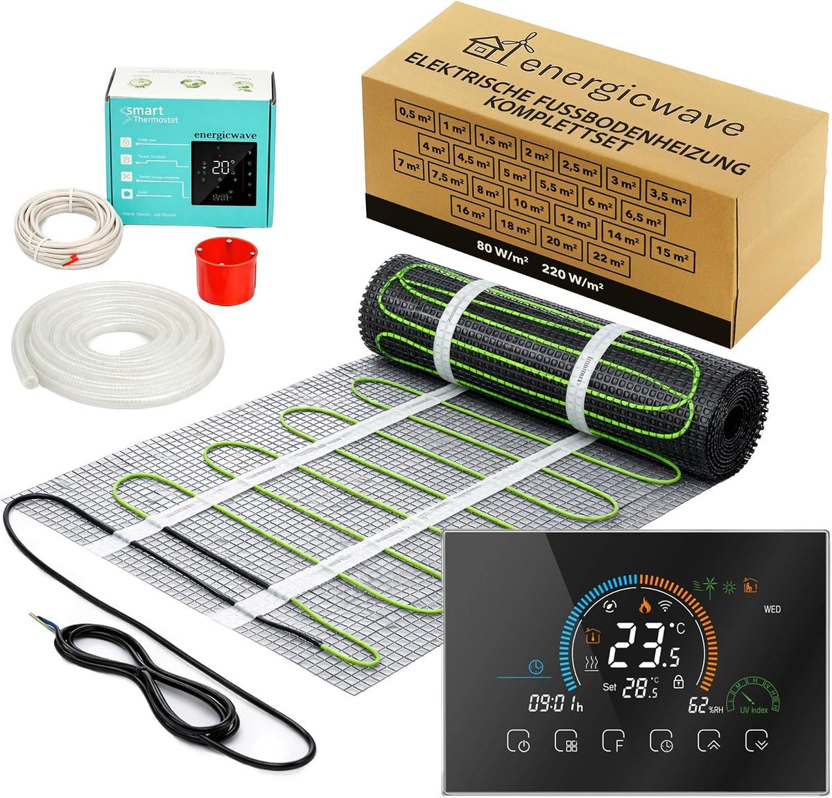 energicwave Chauffage par le sol, 3 m, 150 W, Noir, Tapis de Chauffage Sol Électrique ² /m² - Kit Complet avec Thermostat Wi-Fi