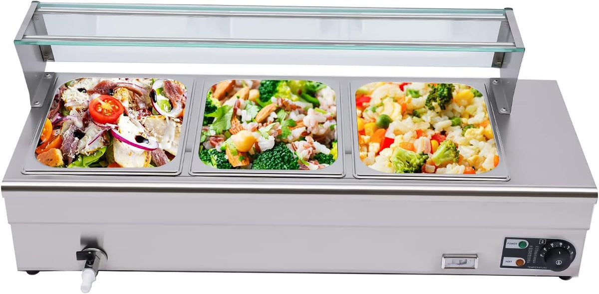 Bazargame Buffets chauffants, 98 x 37 x 21,5 cm., 110 V., acier inoxydable 201 + verre trempé., argenté., plan de travail électrique