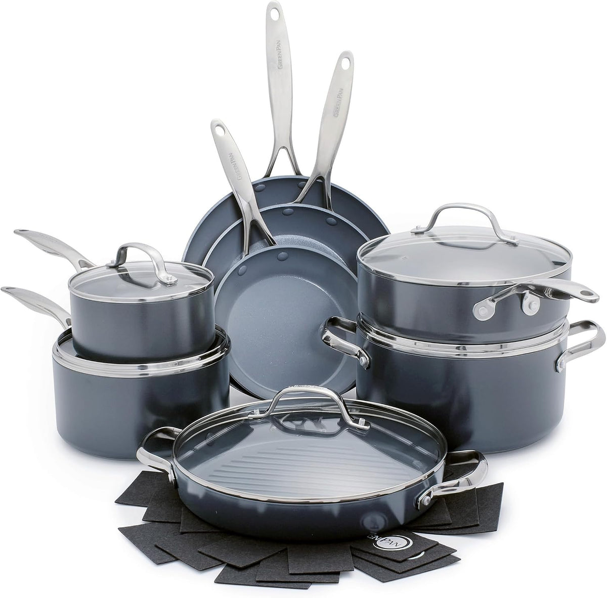 GreenPan batterie de cuisine, Gris, Valencia Pro Céramique Anodisée Saine Antiadhésive de 16 Poêles, Fête des Mères