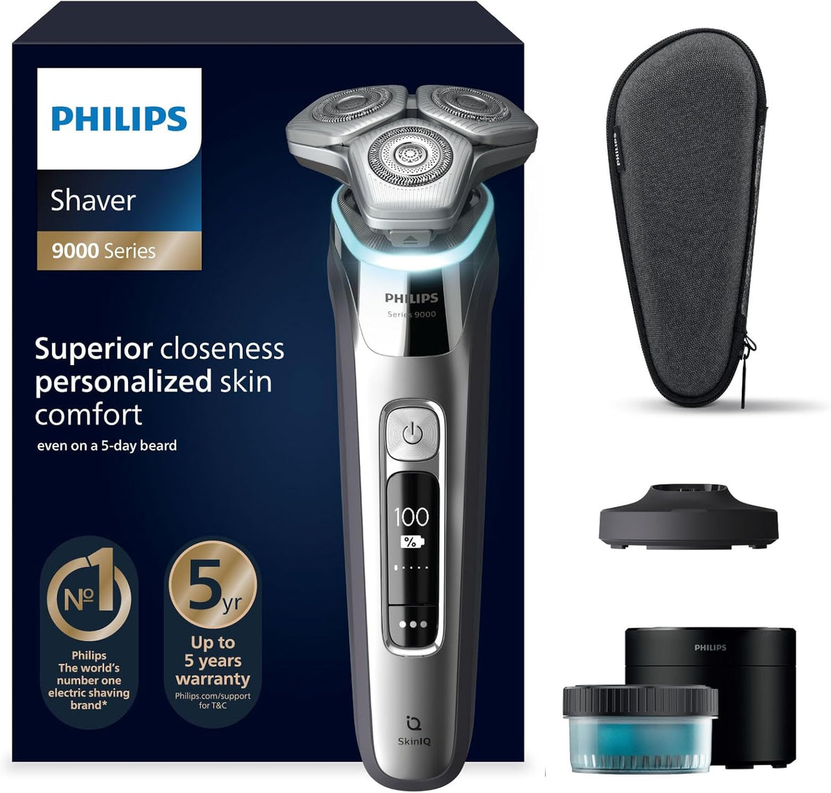 PHILIPS Rasoirs à têtes rotatives, Argenté, Shaver S9000, rasoir électrique Wet&Dry, système de rasage Lift & Cut et technologie SkinIQ