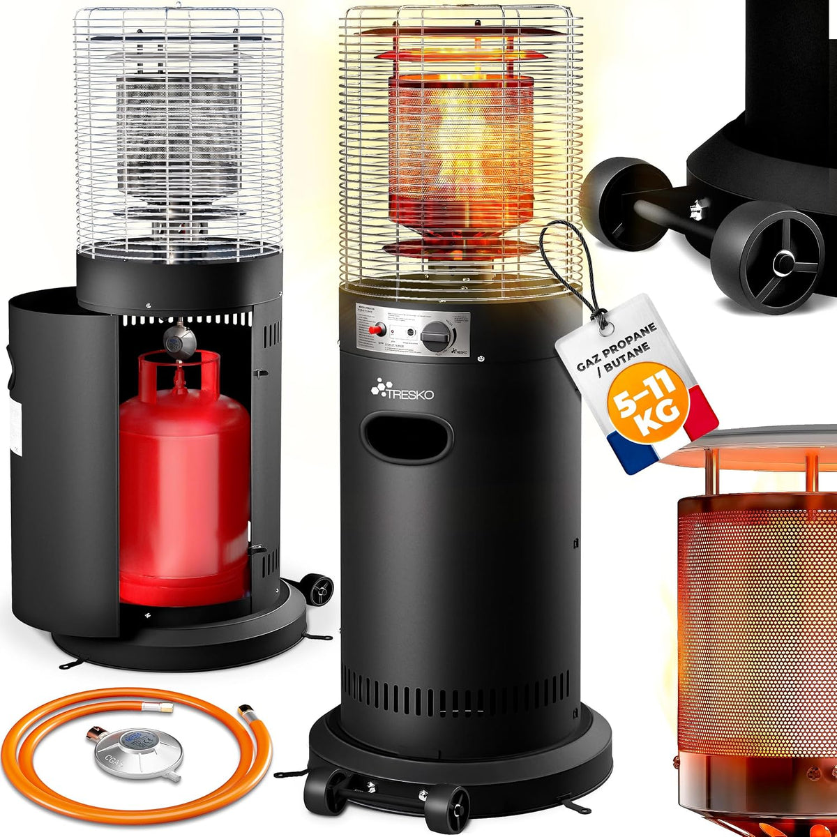 TRESKO Appareils de chauffage extérieur, 11 kW, 11 kg, Noir, Chauffage de terrasse à gaz + roulettes, bouteilles 5 &