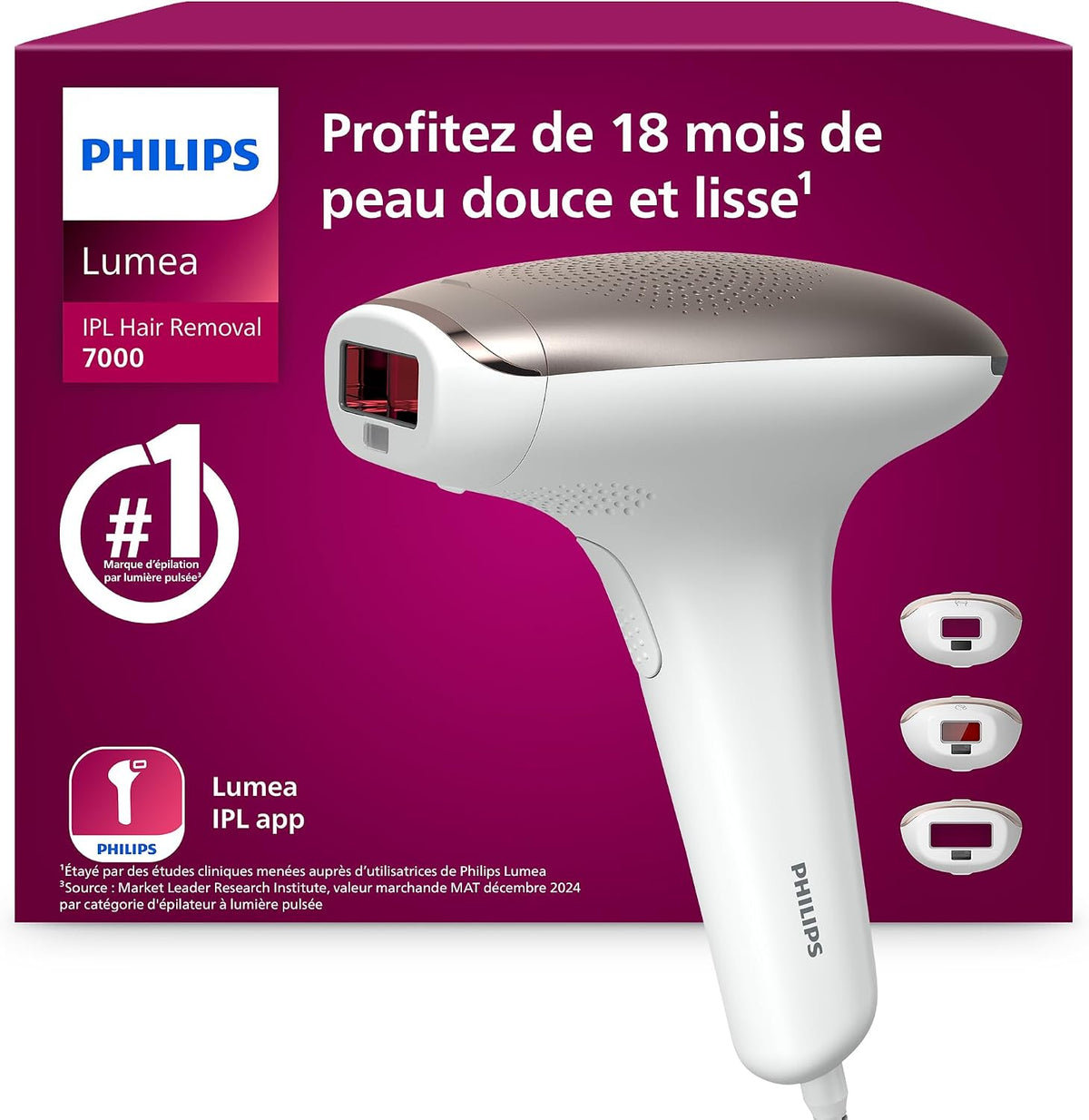 PHILIPS épilateur à lumière pulsée, Noir, Lumea série 7000, alternative à l'épilation laser, 3 embouts pour le corps