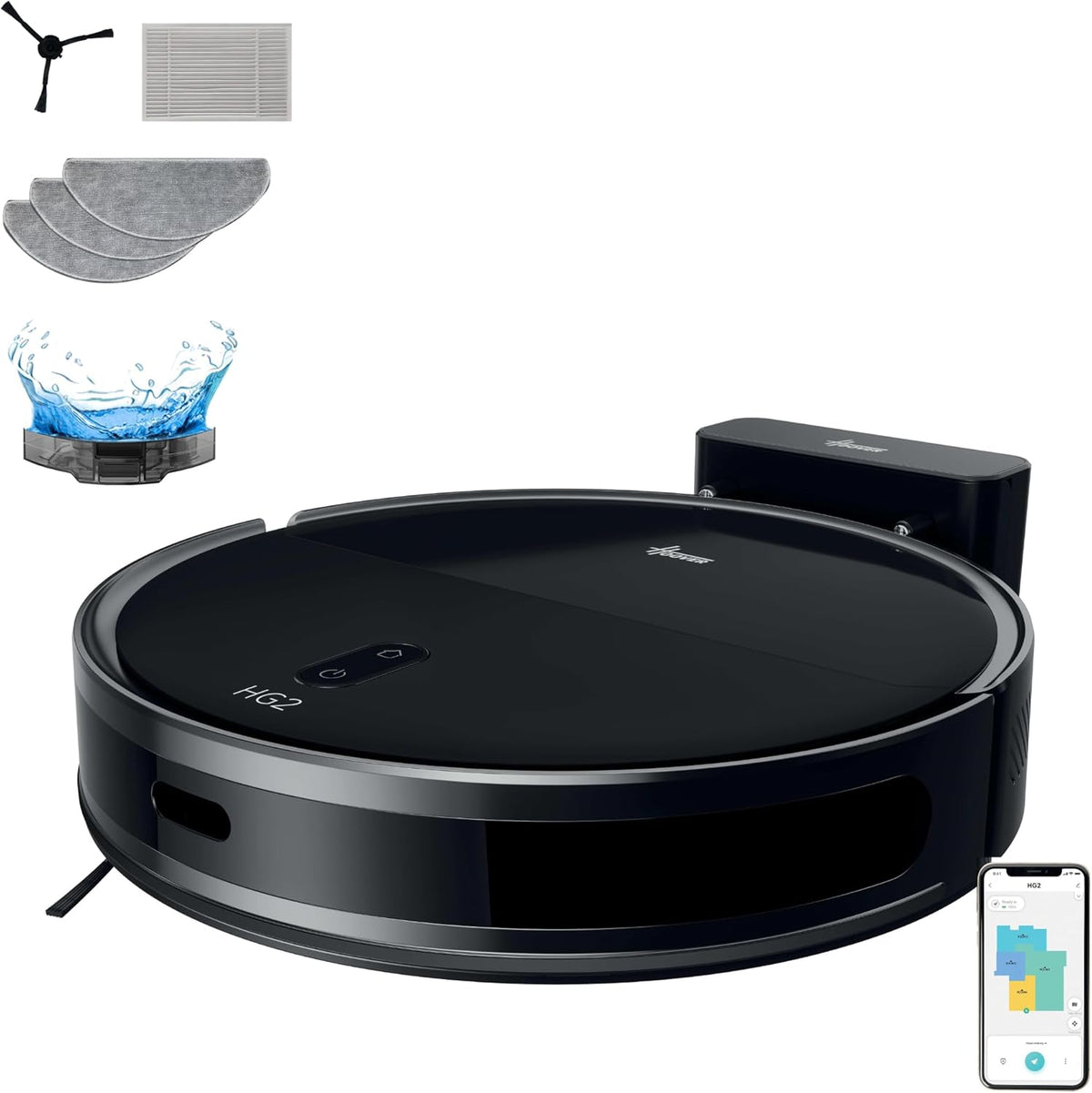 Hoover robot aspirateur, Noir, HG2 Hydro Laveur, Ultra Fin, Aspiration Puissante 5000Pa, Navigation Laser