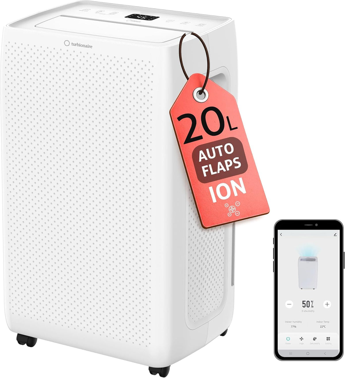 Turbionaire déshumidificateur, 20 L, 4.5 L, 45 m, Blanc, d'air 2-EN-1 SENSO N20 WiFi /jour, Purification d'air avec ioniseur